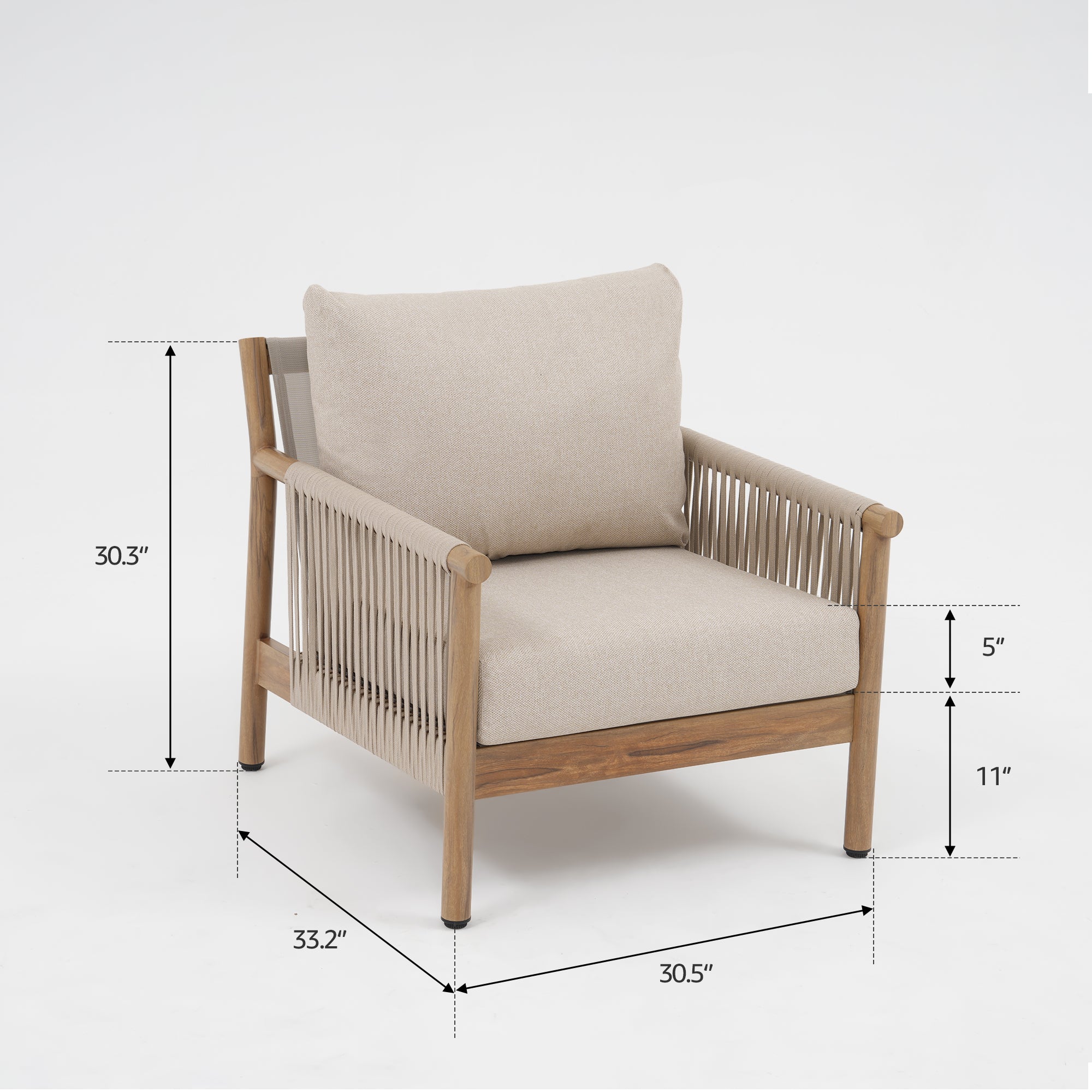 Arlo 5-Piece Aluminum Rope Outdoor Seating Set, Wood-Look, Light Beige Cushions, Mixed Tables