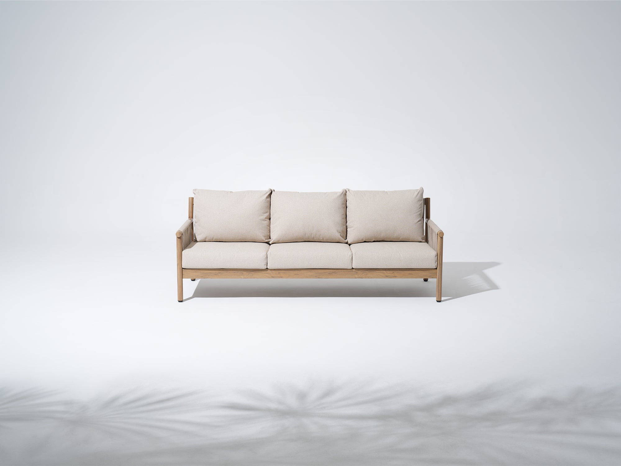 Arlo 5-Piece Aluminum Rope Outdoor Seating Set, Wood-Look, Light Beige Cushions, Mixed Tables
