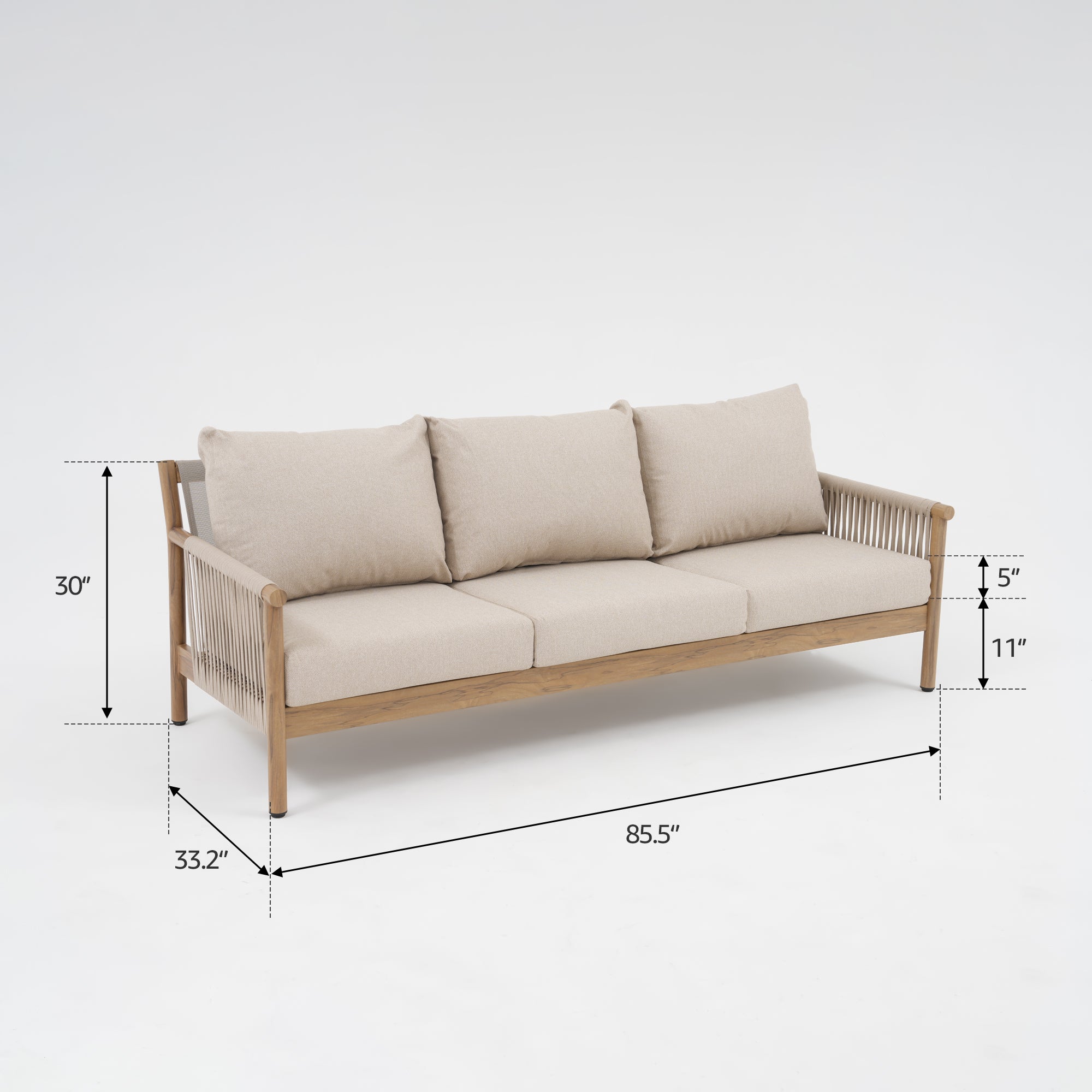 Arlo 5-Piece Aluminum Rope Outdoor Seating Set, Wood-Look, Light Beige Cushions, Mixed Tables