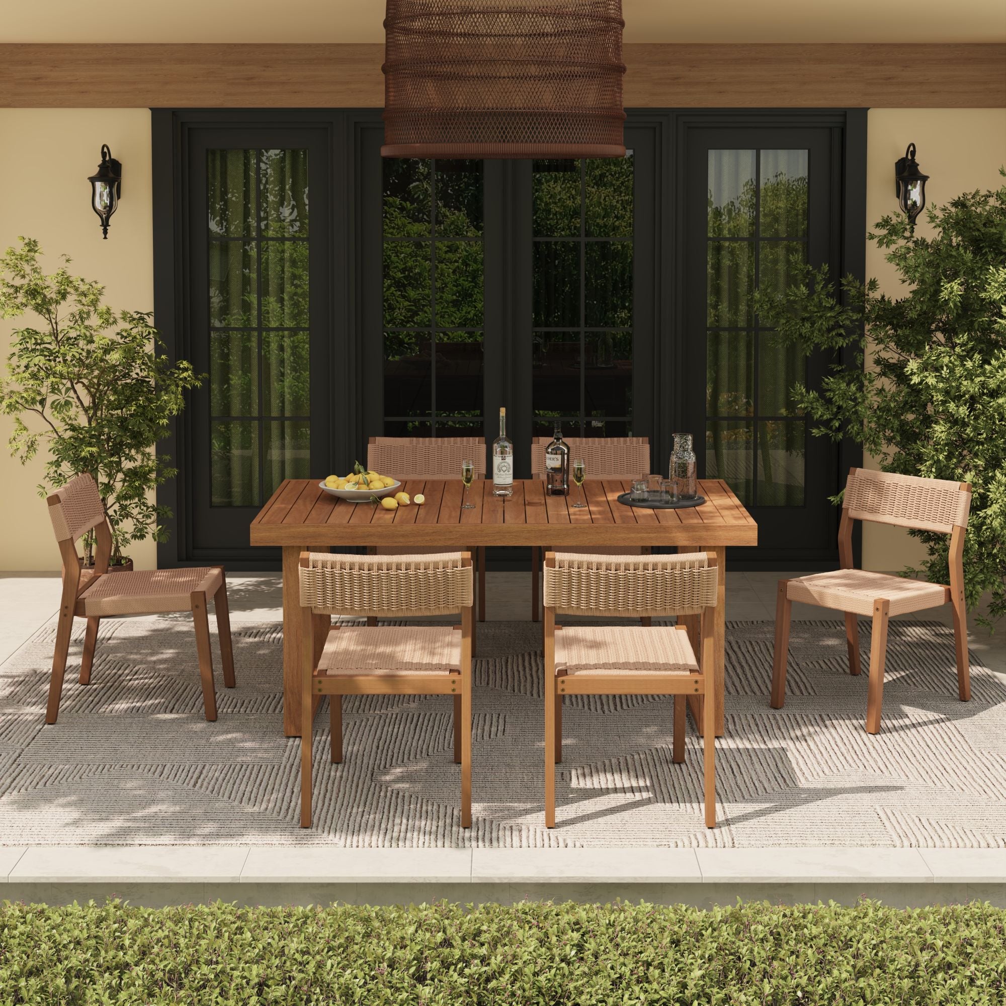 Nalia Outdoor Wooden Dining Set with Armless Design for 6 People, Umbrella Hole, 67" Sled-Leg