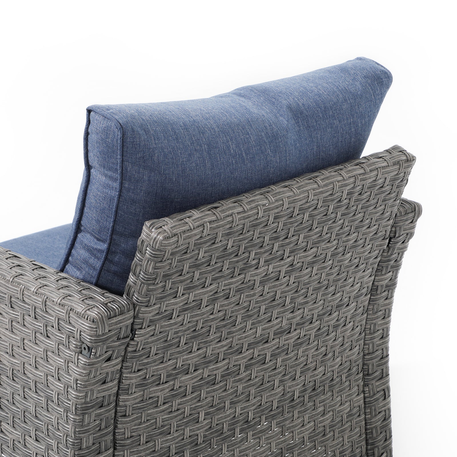 Ayia ourdoor lounge chair, rattan design, blue cushion, detailed information, back angle view - Jardina Furniture #color_Navy Blue