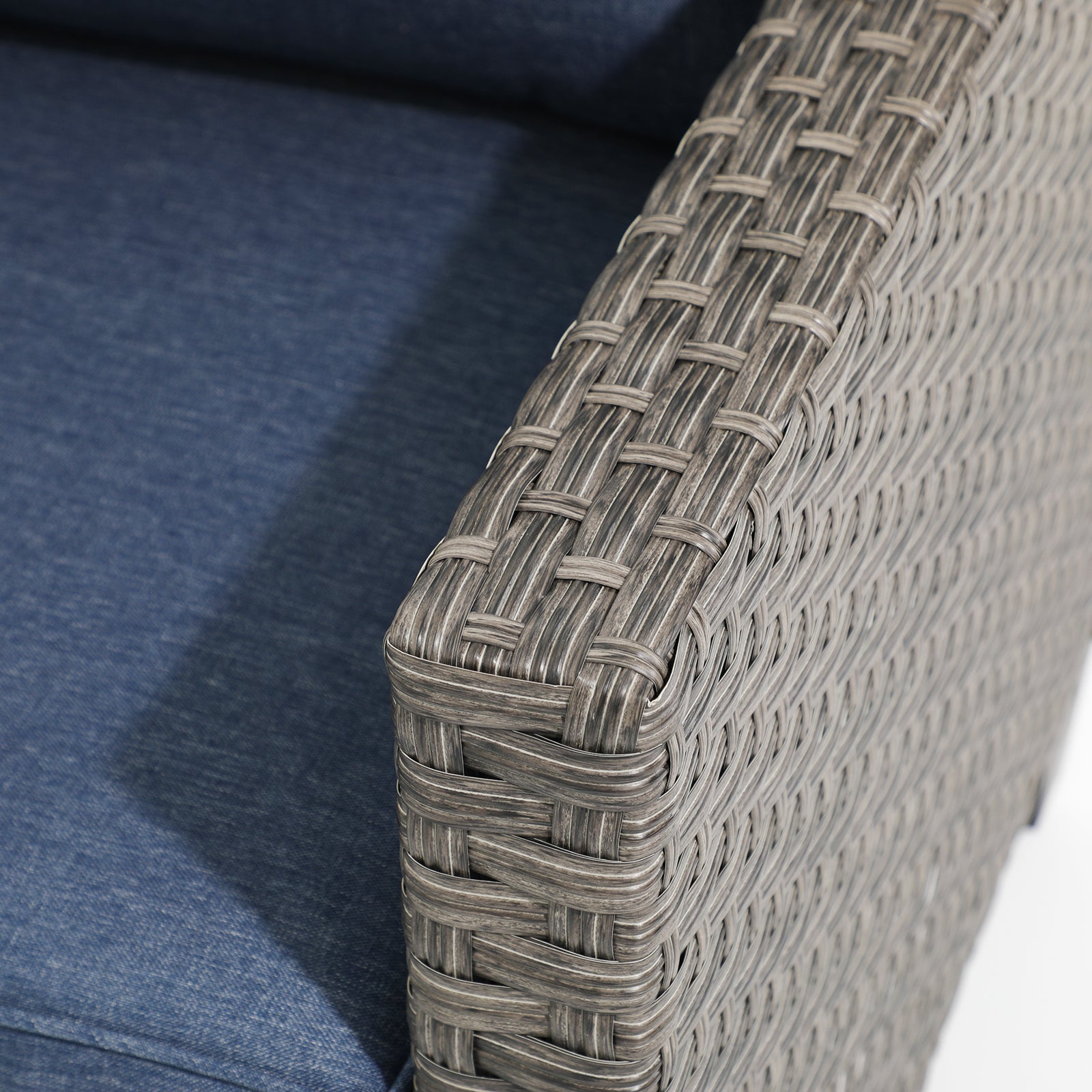 Ayia patio sofa, grey rattan, navy blue cushion, armrest detailed information - Jardina Furniture #color_Navy Blue