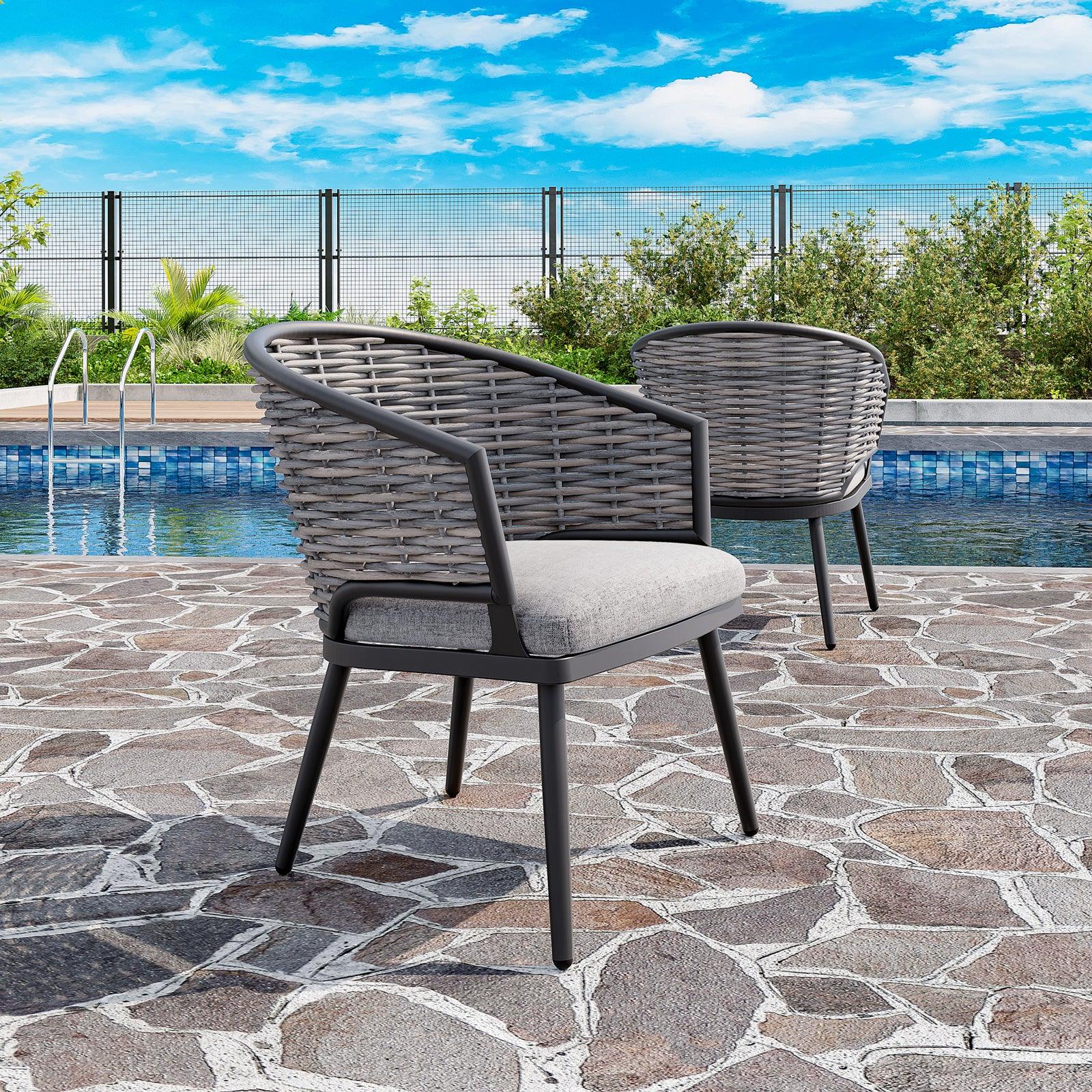 Burano Grey wicker outdoor Dining chairs with aluminum frame, grey cushions, right and back angles- Jardina Furniture#Pieces_2-pc