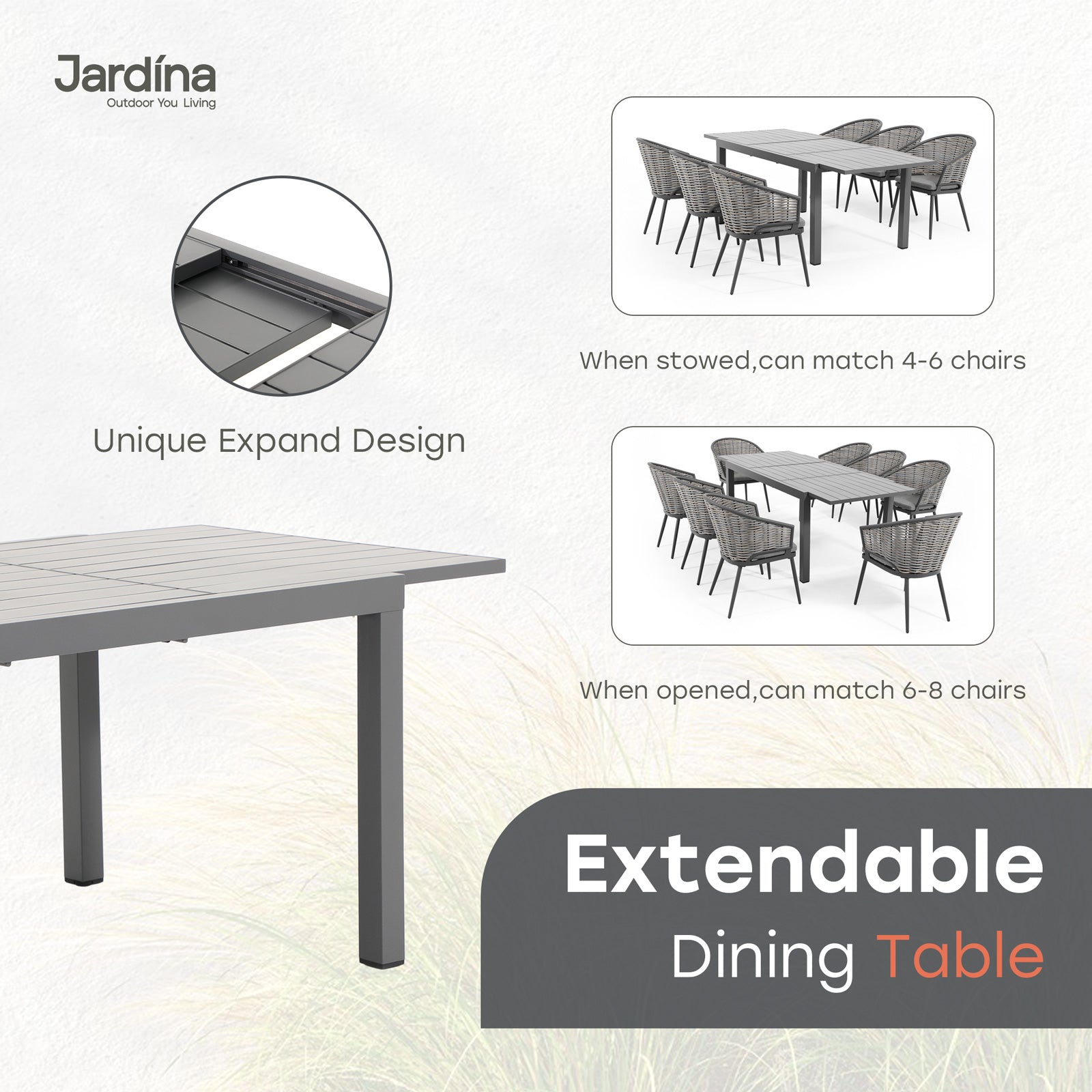 grey modern extendable outdoor dining set for 6-8