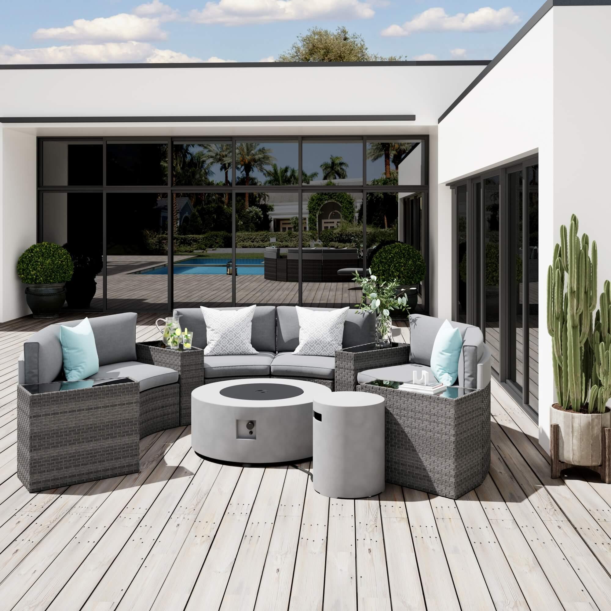 Boboli Modern Wicker Outdoor Furniture, 6-seater Grey Wicker Curved Sectional sofas with grey cushions, 4 side tables + 1 grey Propane Fire Pit with tank holder, on the yard - Jardina Furniture #color_Grey