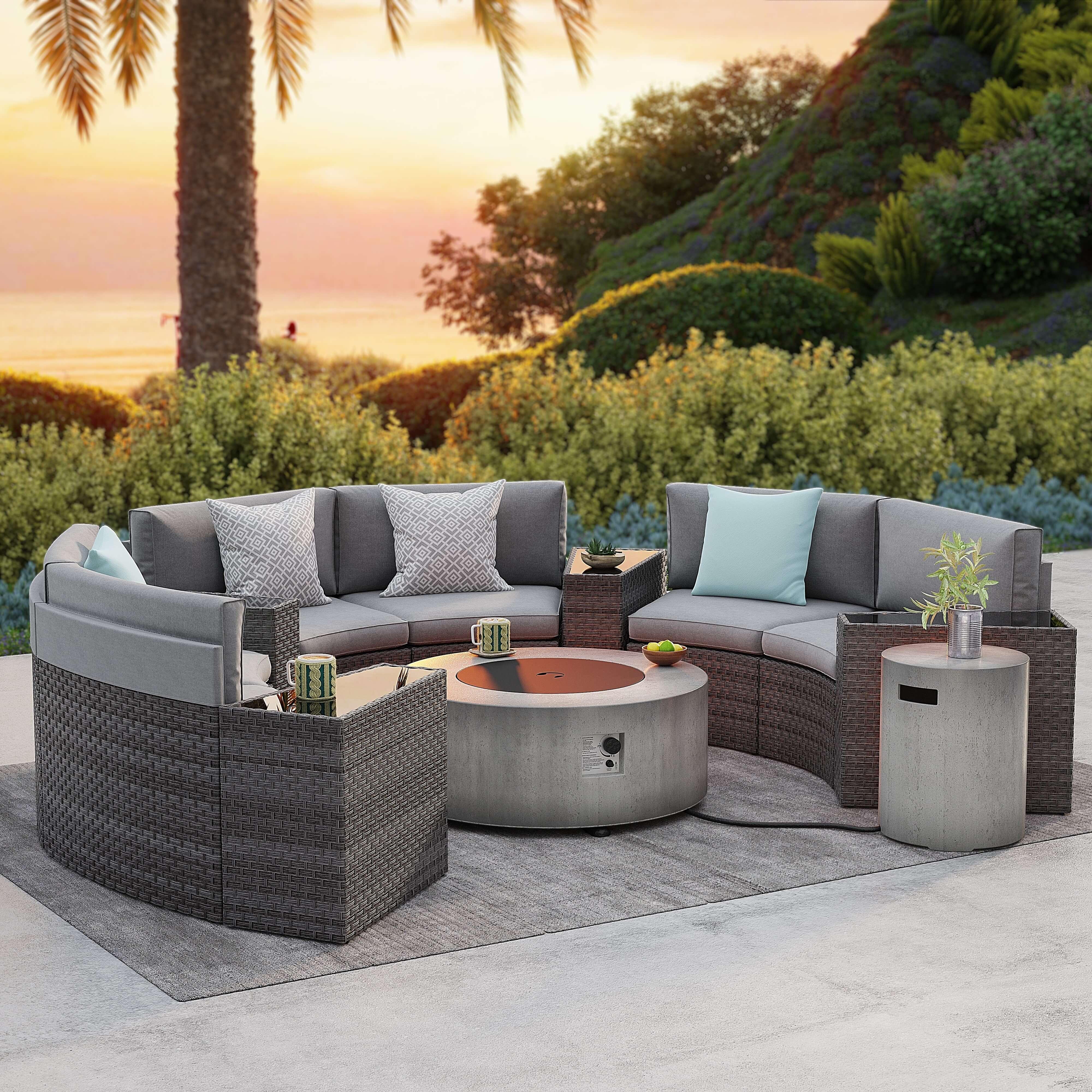 Boboli Modern Wicker Outdoor Furniture, 6-seater Grey Wicker Curved Sectional sofas with grey cushions, 4 side tables + 1 grey Propane Fire Pit with tank holder, front view- Jardina Furniture #color_Grey