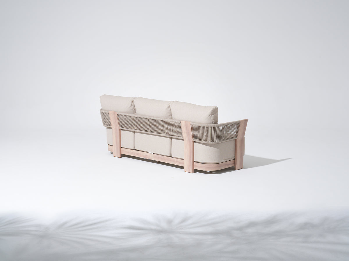 Bosa Rope Rattan Outdoor 3-Seater Sofa, Wood‑Look Aluminum Frame, Linen Olefin Cushion