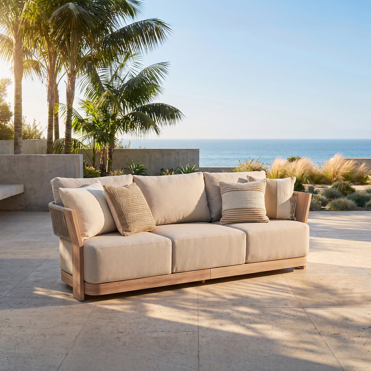Bosa Rope Rattan Outdoor 3-Seater Sofa, Wood‑Look Aluminum Frame, Linen Olefin Cushion