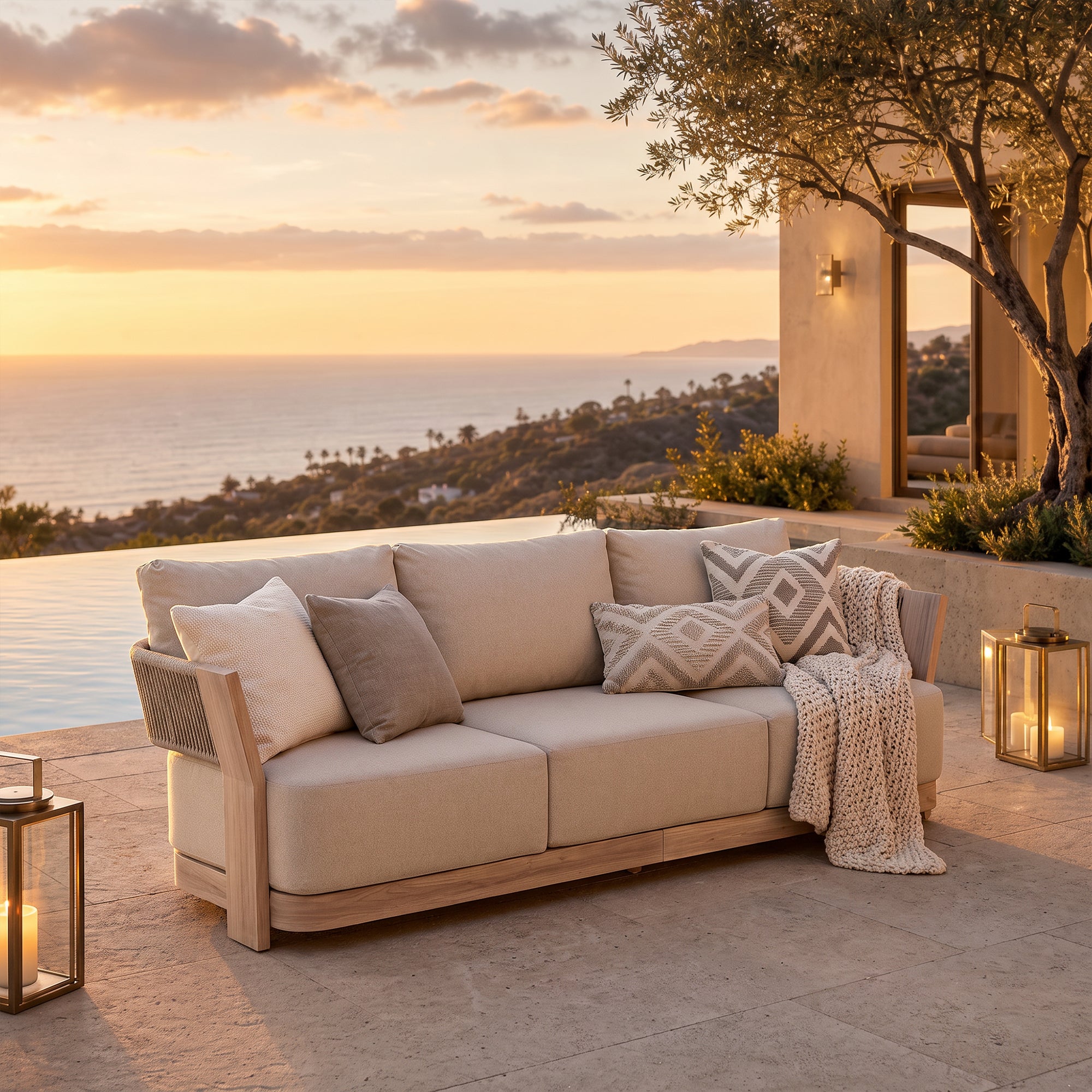 Bosa Rope Rattan Outdoor 3-Seater Sofa, Wood‑Look Aluminum Frame, Linen Olefin Cushion