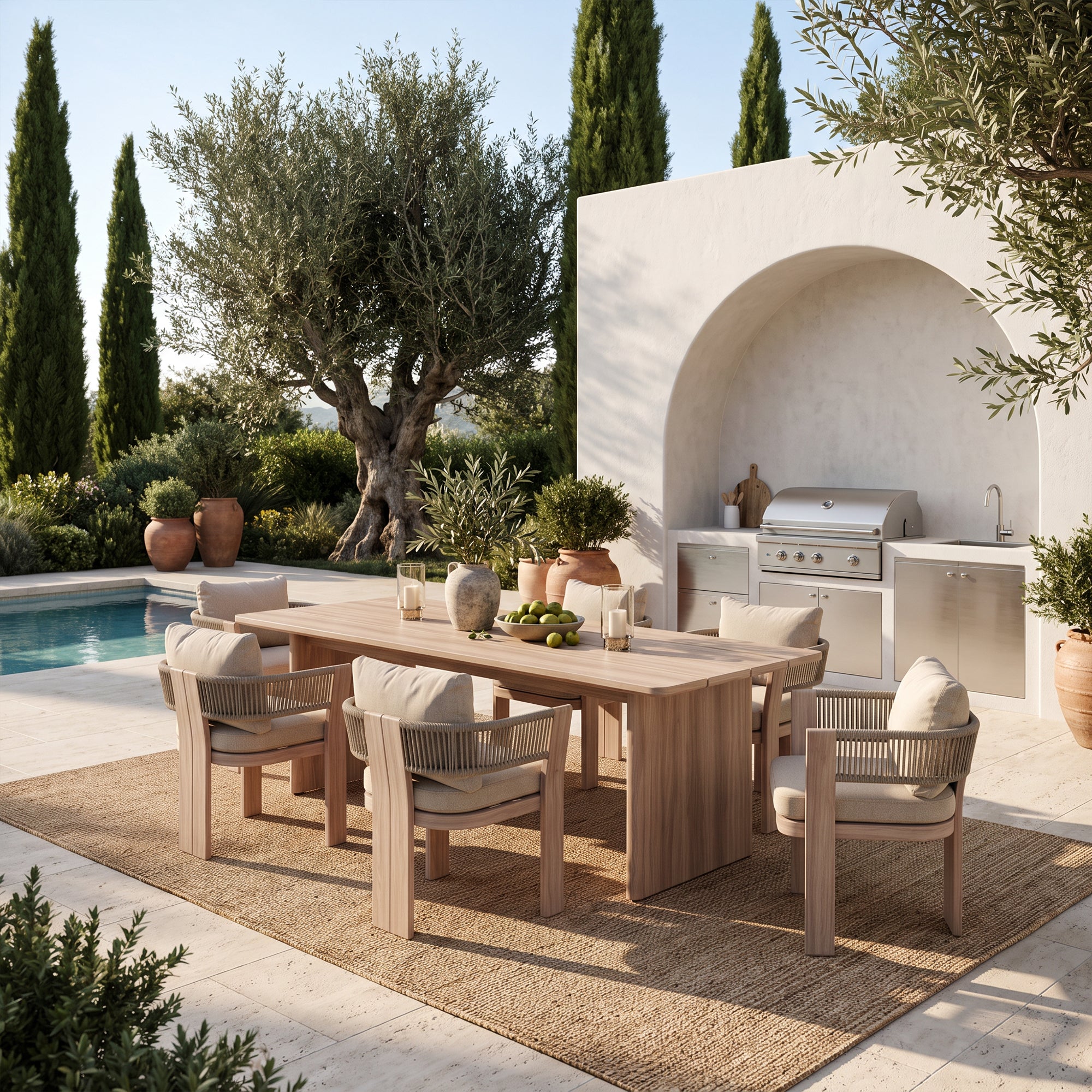 Bosa Aluminum Outdoor Dining Set for 6-8 Seats, Light Beige&  Rope Design, 86.6" Table