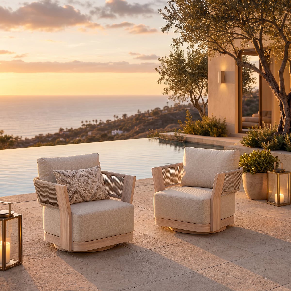 Bosa Rope Rattan Outdoor Swivel Chair, Wood‑Look Aluminum Frame, Linen Olefin Cushion