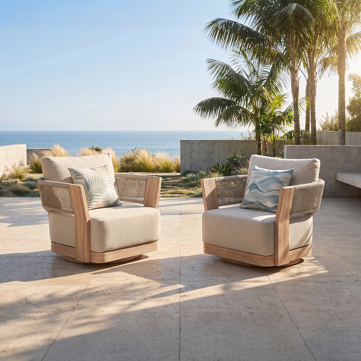 Bosa Rope Rattan Outdoor Swivel Chair, Wood‑Look Aluminum Frame, Linen Olefin Cushion