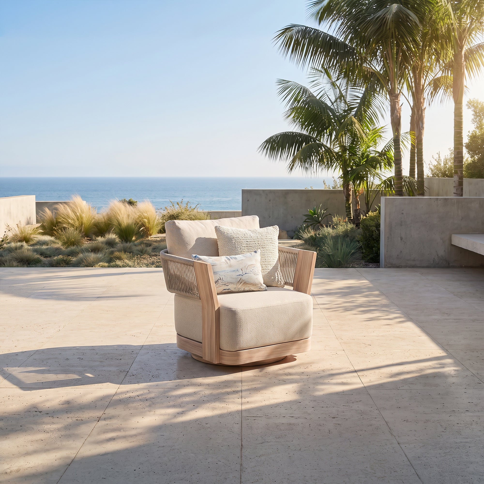 Bosa Rope Rattan Outdoor Swivel Chair, Wood‑Look Aluminum Frame, Linen Olefin Cushion