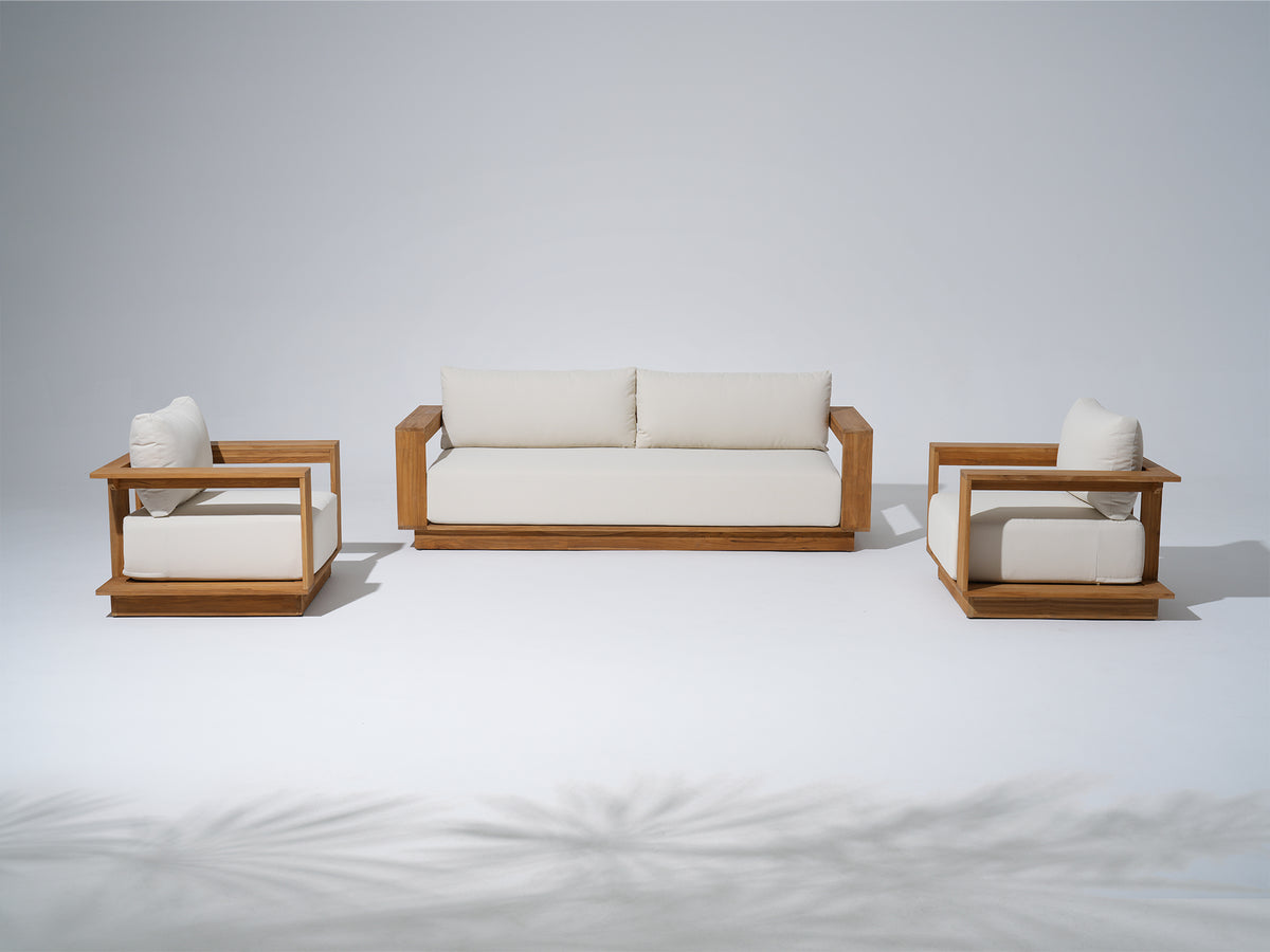 FSC-Certified Solid Teak wood Outdoor furniture Set featuring a couch and two lounge chairs with Wide Armrest & White Cushions, Rectangular coffee table- Jardina