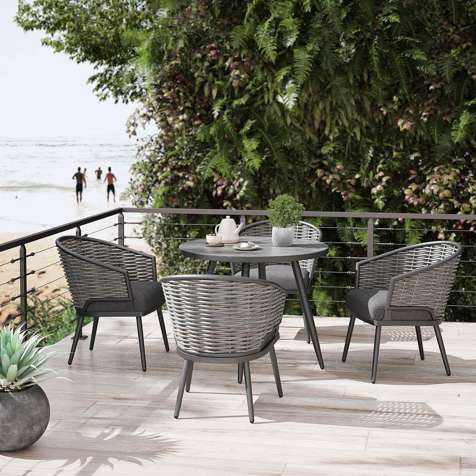 Burano Modern HDPE Wicker Outdoor Furniture, Grey wicker outdoor Dining Set with aluminum frame, 4 wicker chairs with grey cushions , 1 Round aluminum Dining Table - Jardina Furniture