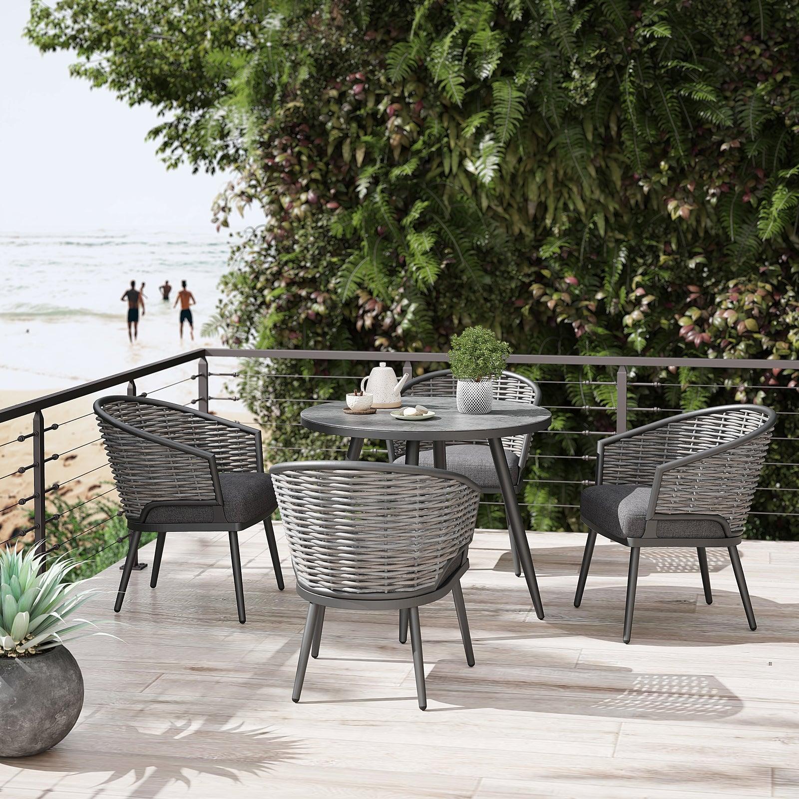 Burano Grey wicker outdoor Dining chairs with aluminum frame, grey cushions, 4 chairs,1 round table-Jardina Furniture