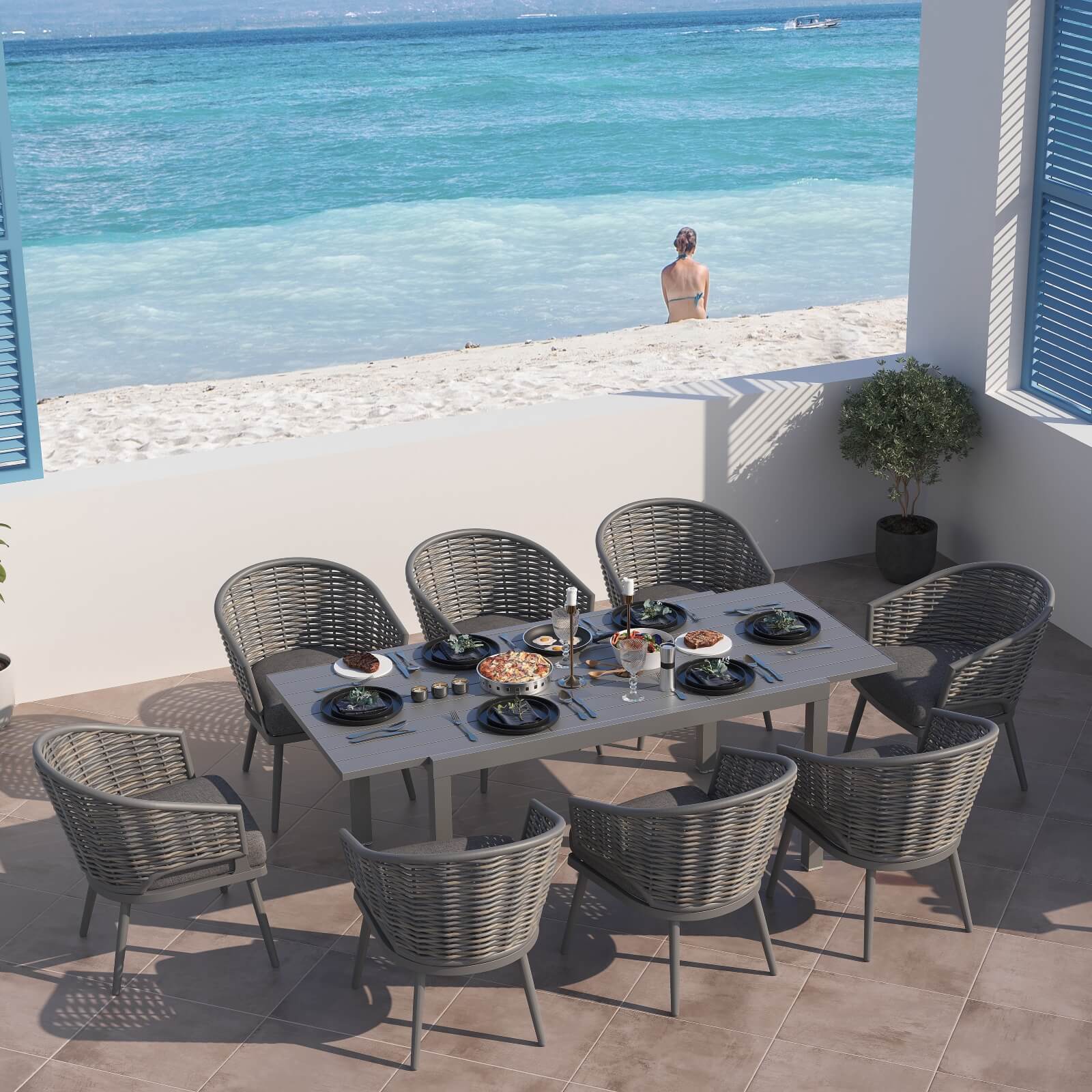 Burano Grey wicker outdoor Dining Set with aluminum frame, 8 chairs with grey cushions, 1 aluminum extendable rectangle dining Table,  in the garden- Jardina Furniture#Piece_9-pc.