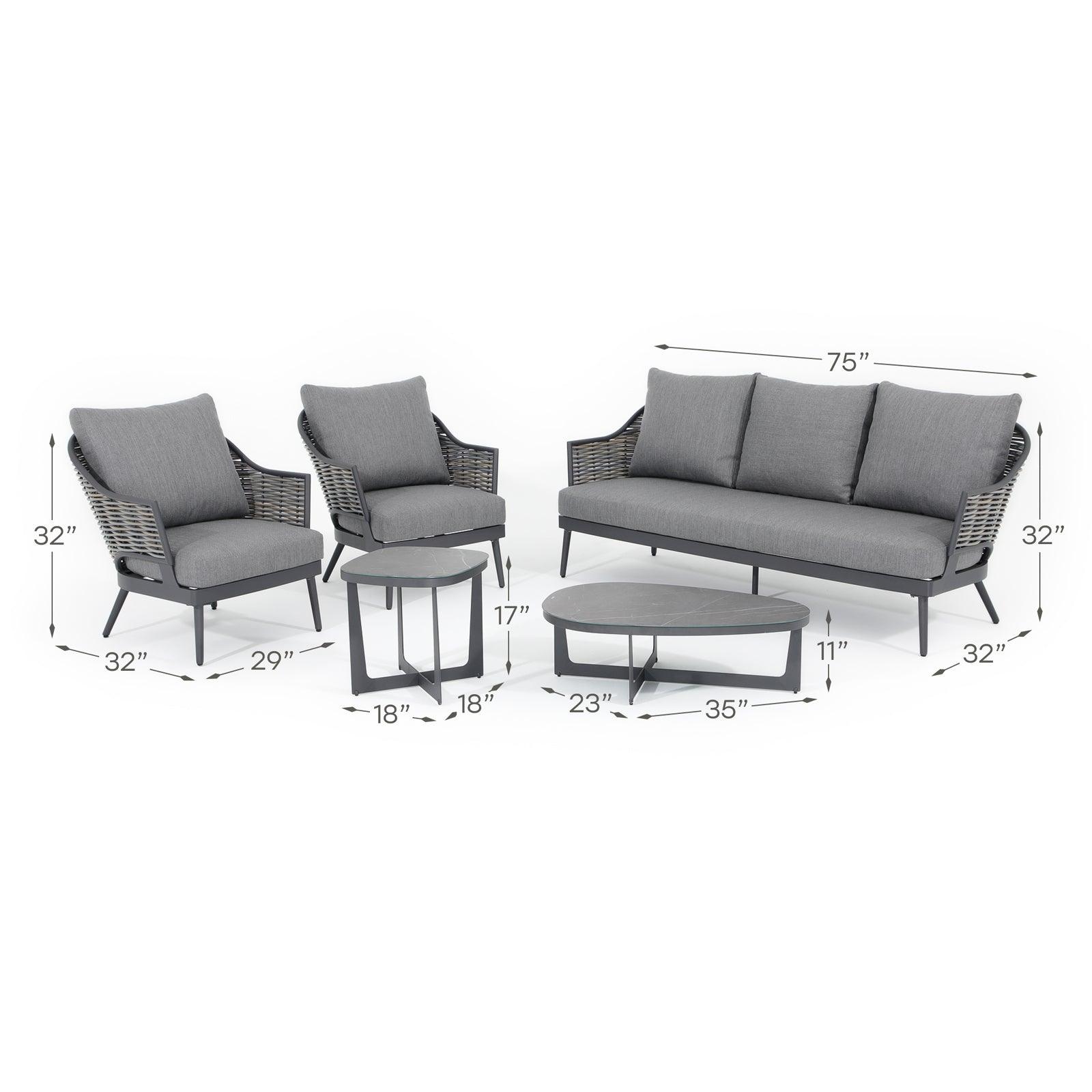 Burano 5-Piece Grey wicker outdoor Sofa Set with aluminum frame, grey cushions, a three-seater sofa, 2 arm chairs , 1 mixed set of tables, dimension- Jardina Furniture