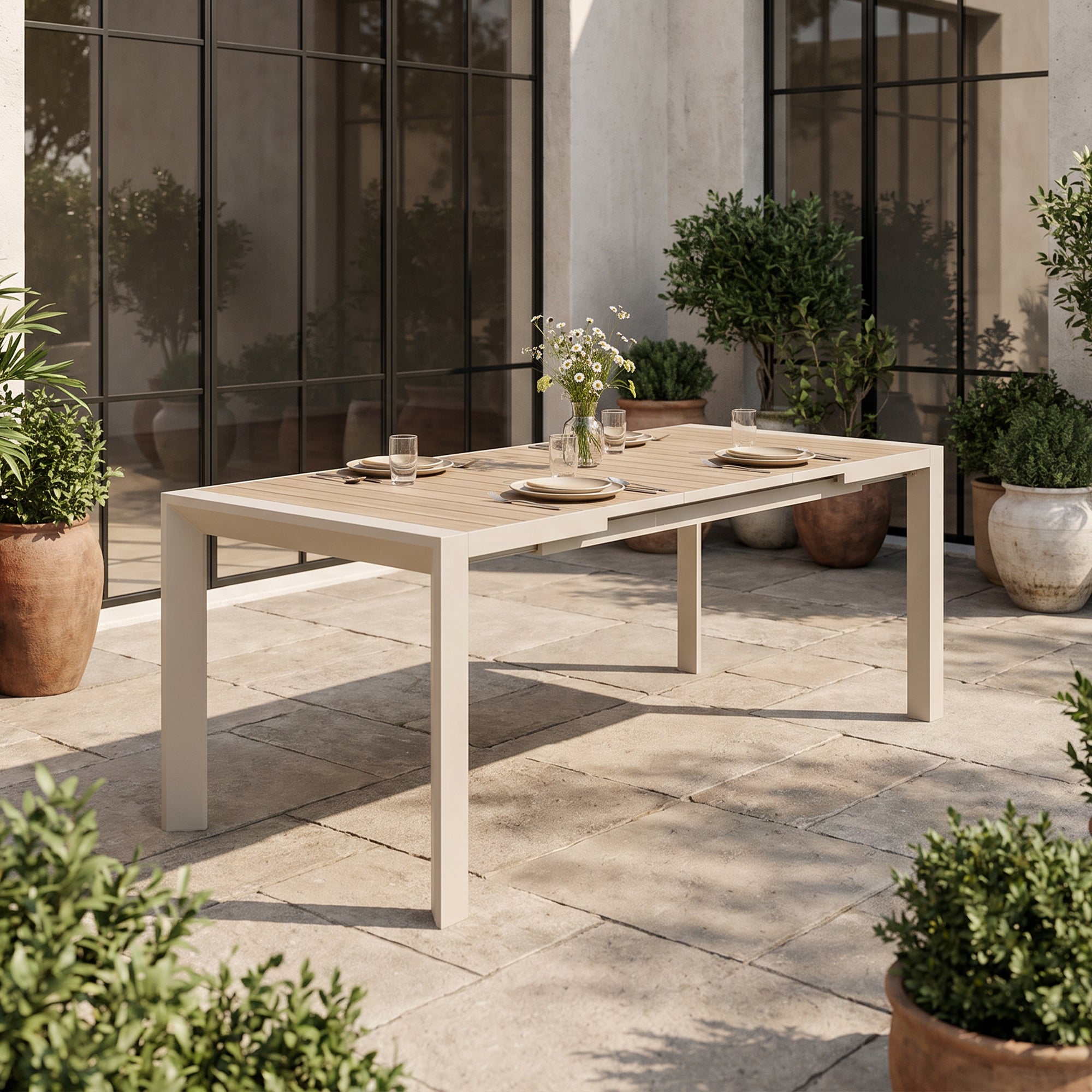 Irati Extendable Aluminum Outdoor Dining Set for 6-8 Seats, Oyster White, Rope Design, Heat‑Transfer Wood‑Look Tabletop