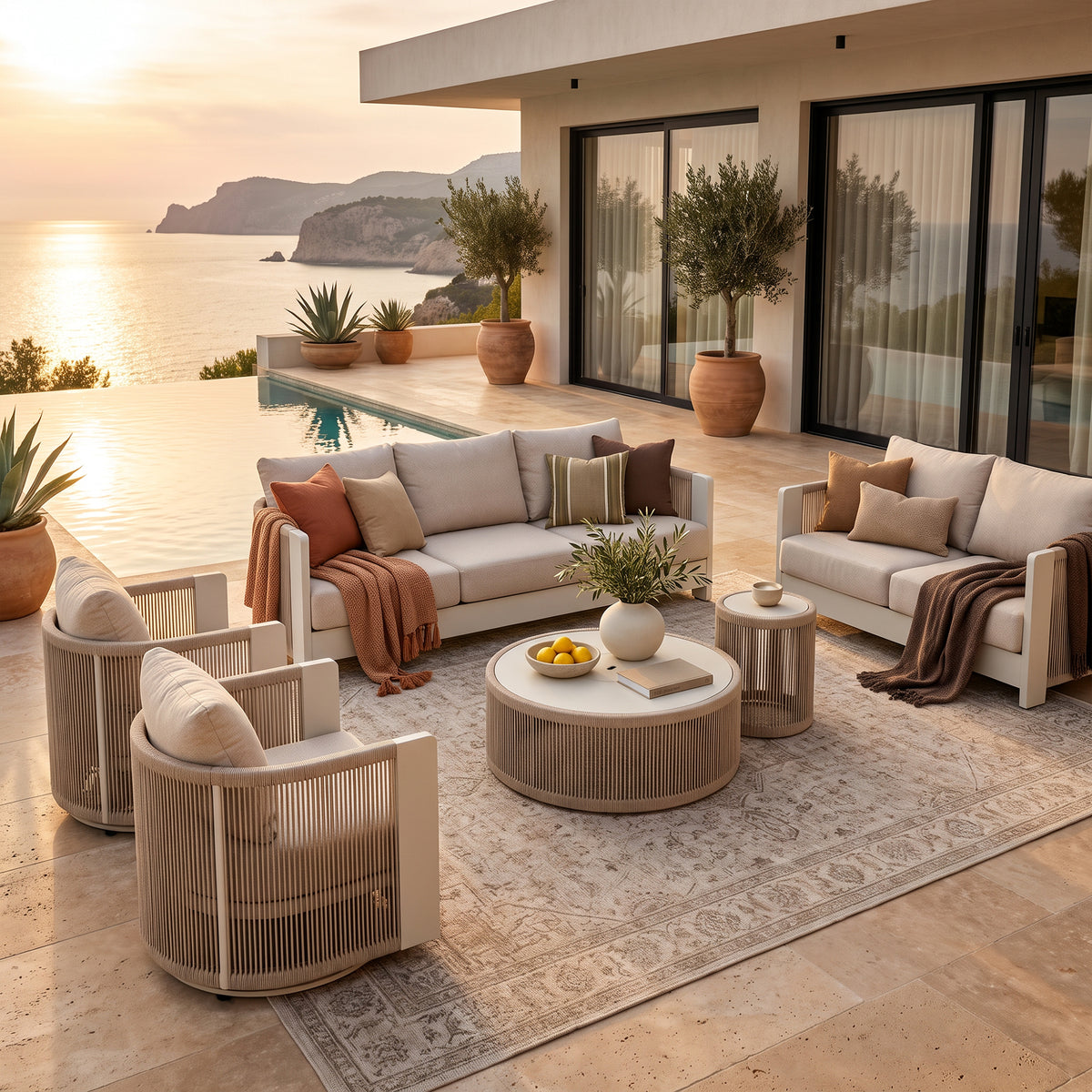 Irati 6-Piece Aluminum Rope Outdoor Conversation Set , Olefin Cushions, Oyster White