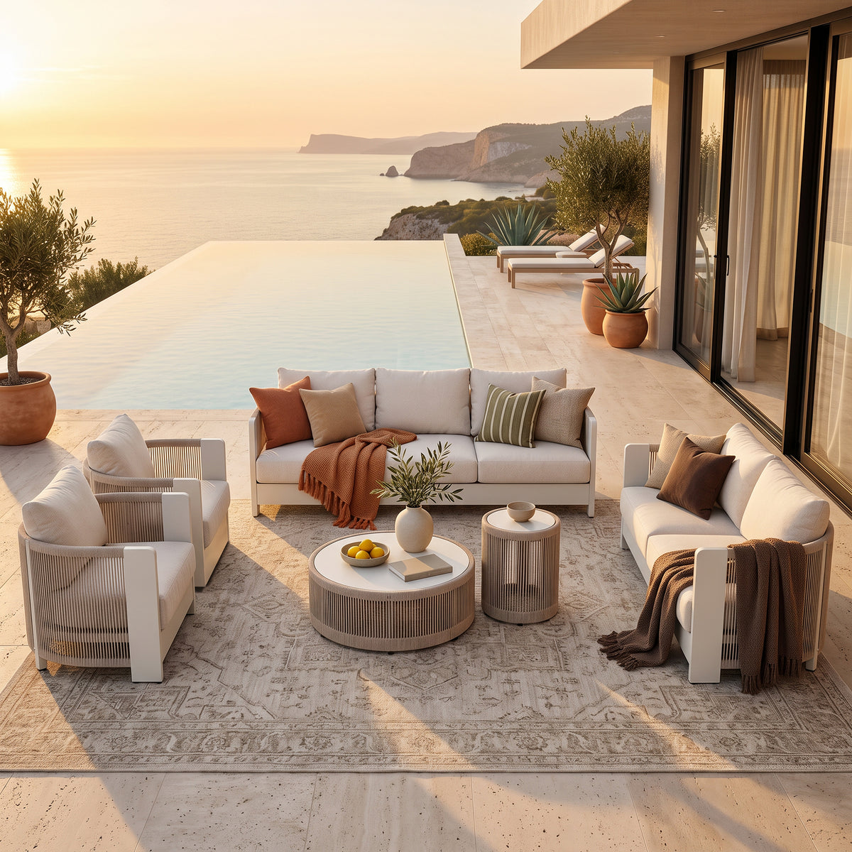 Irati 6-Piece Aluminum Rope Outdoor Conversation Set , Olefin Cushions, Oyster White
