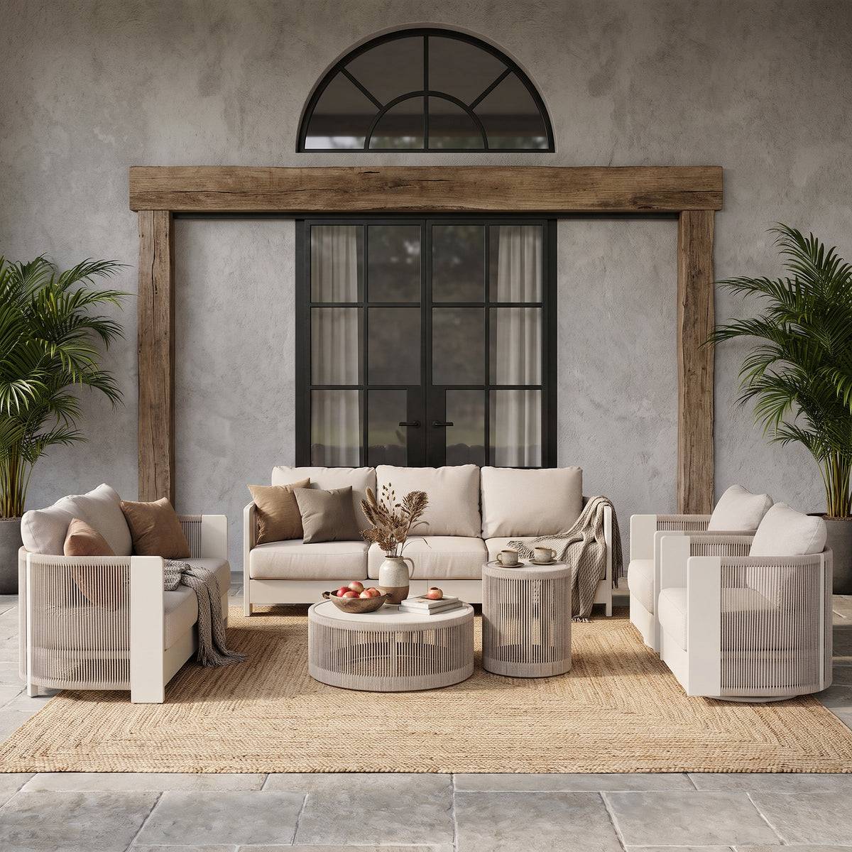 Irati 6-Piece Aluminum Rope Outdoor Conversation Set , Olefin Cushions, Oyster White