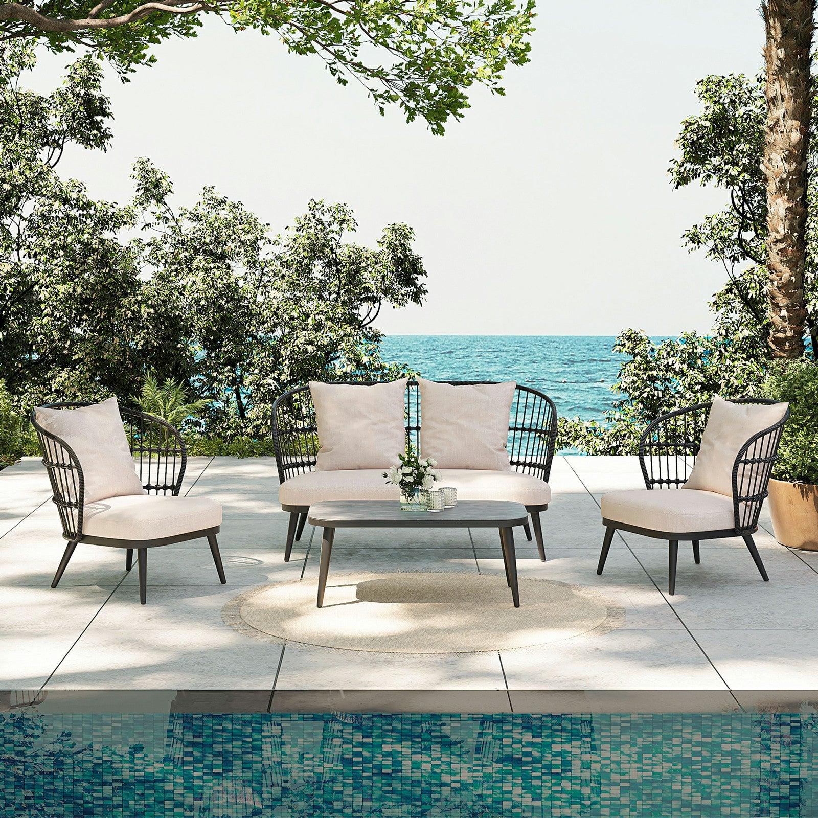 4 Seat Grey Aluminum Patio Conversation Set with Rope Design | Jardina | Gartenmöbelsets