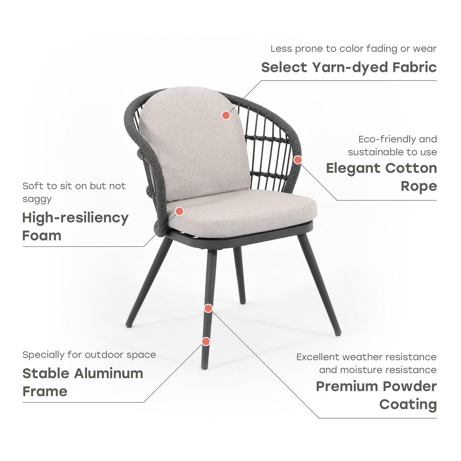Comino dark grey aluminum frame dining chair with backrest rope design and light grey cushions, Product Info- Jardina Furniture