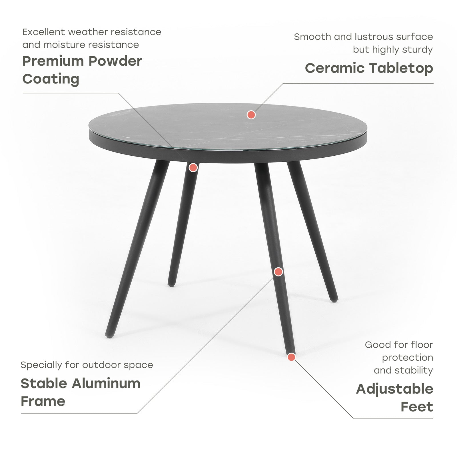 Burano Grey Aluminum dining table, round design, tempered glass-Jardina Furniture