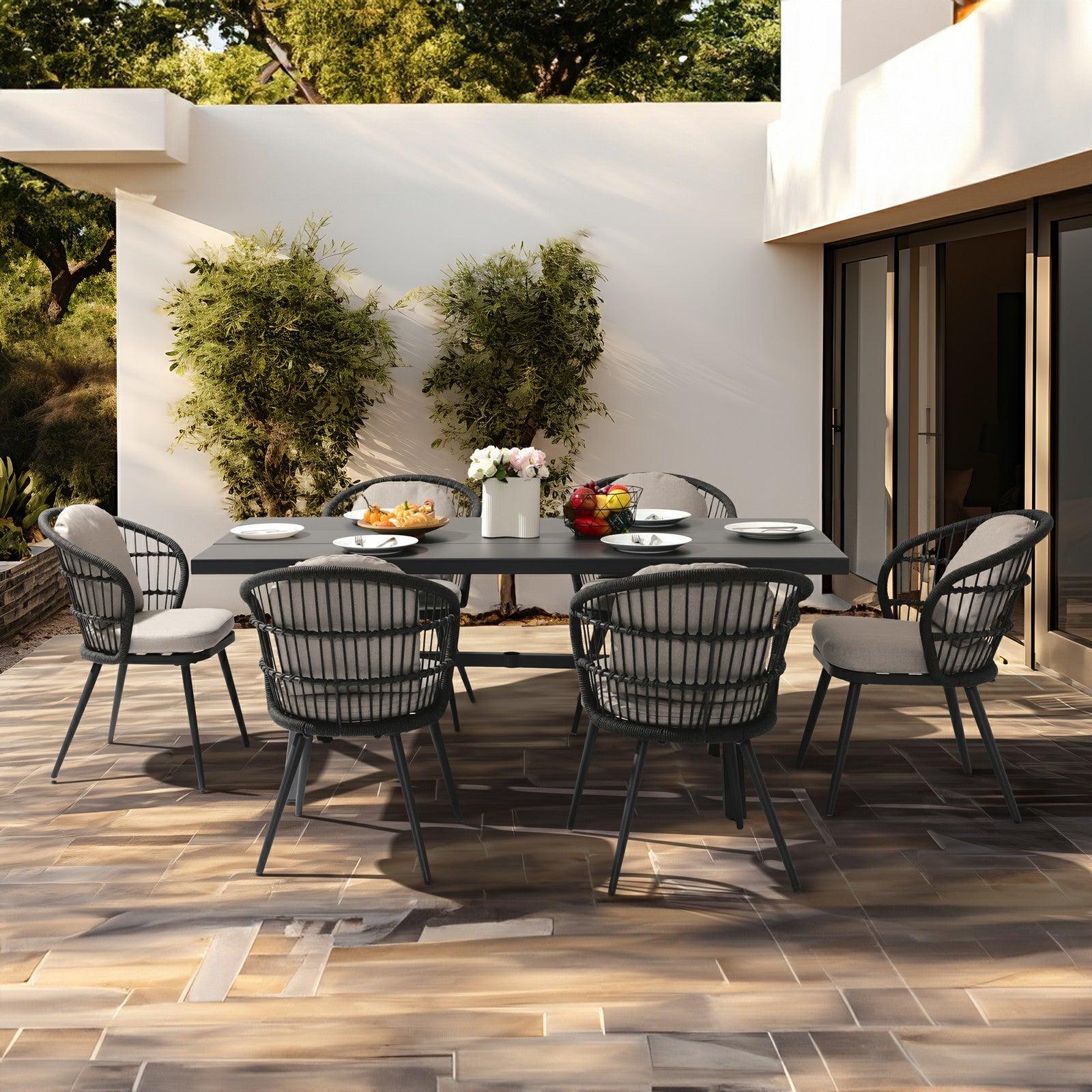 Comino dark grey aluminum outdoor Dining Set for 6 with light grey cushions, 6 dining chairs with backrest rope design, 1 rectangle aluminum dining table with x-shaped legs - Jardina Furniture#Pieces_7-pc.
