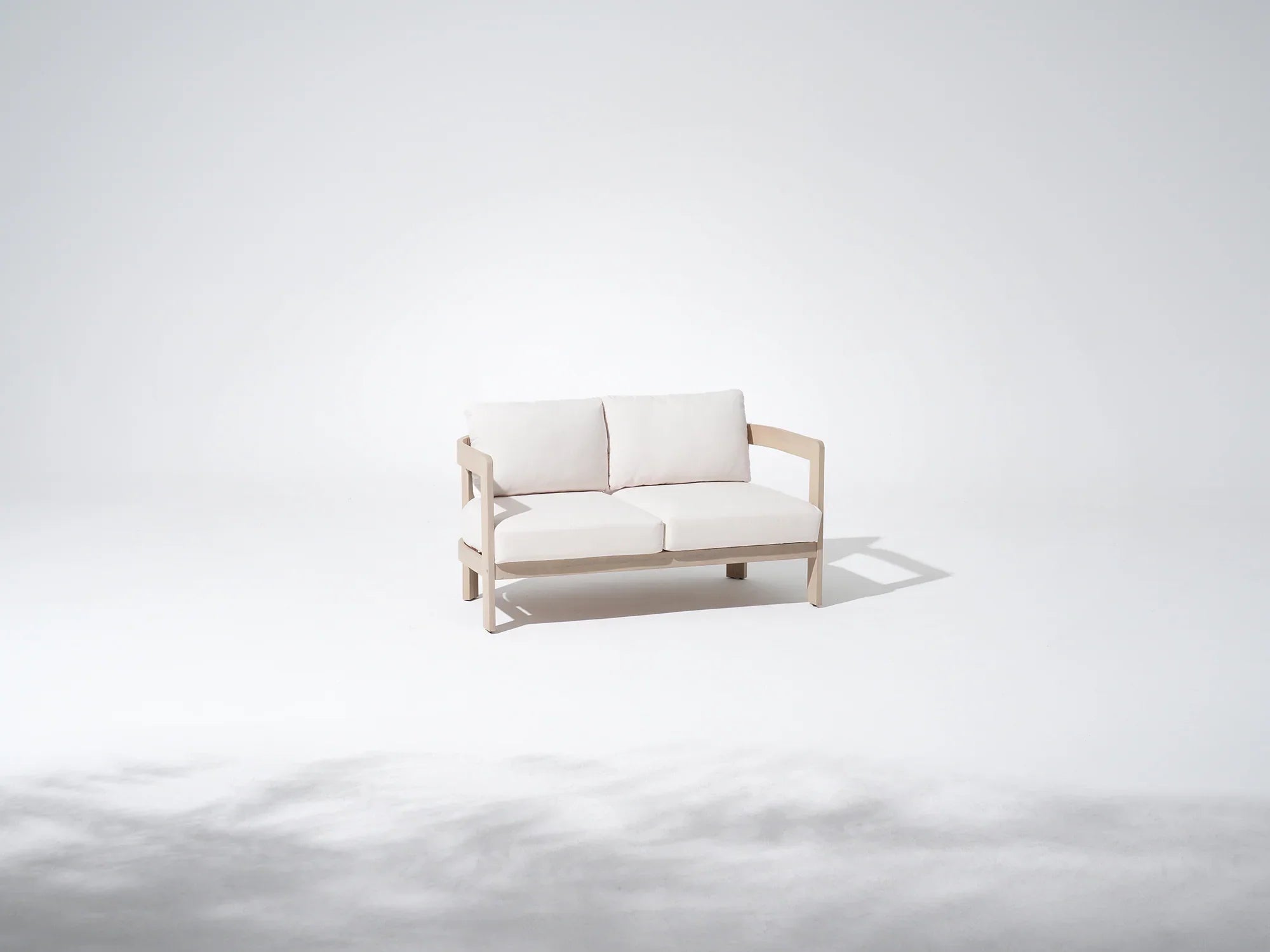 Minimalist acacia wooden loveseat sofa with white cushions - Jardina Modern Premium Outdoor Patio Furniture Sets