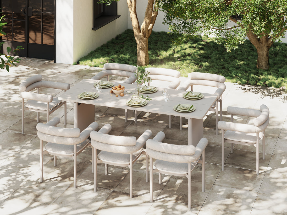 Oyster‑White Aluminum Outdoor Dining Set for 6-8 People, Boucle Upholstered Dining Chairs, 86.6"