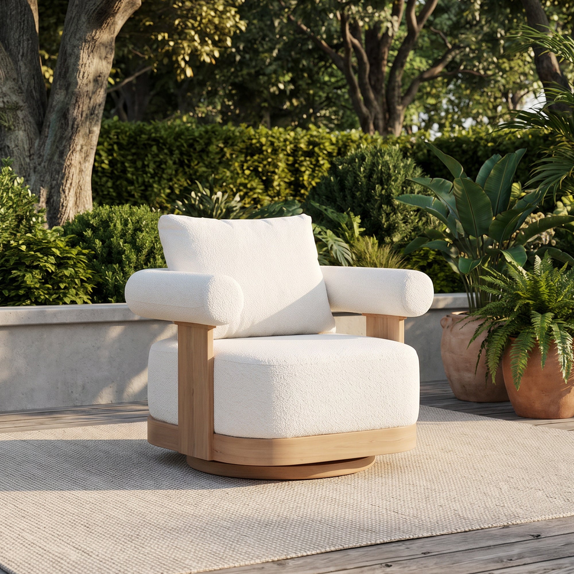 Cassie Wood-Look Aluminum Outdoor Swivel Club Chair, 360° Rotating, Textured White Cushon