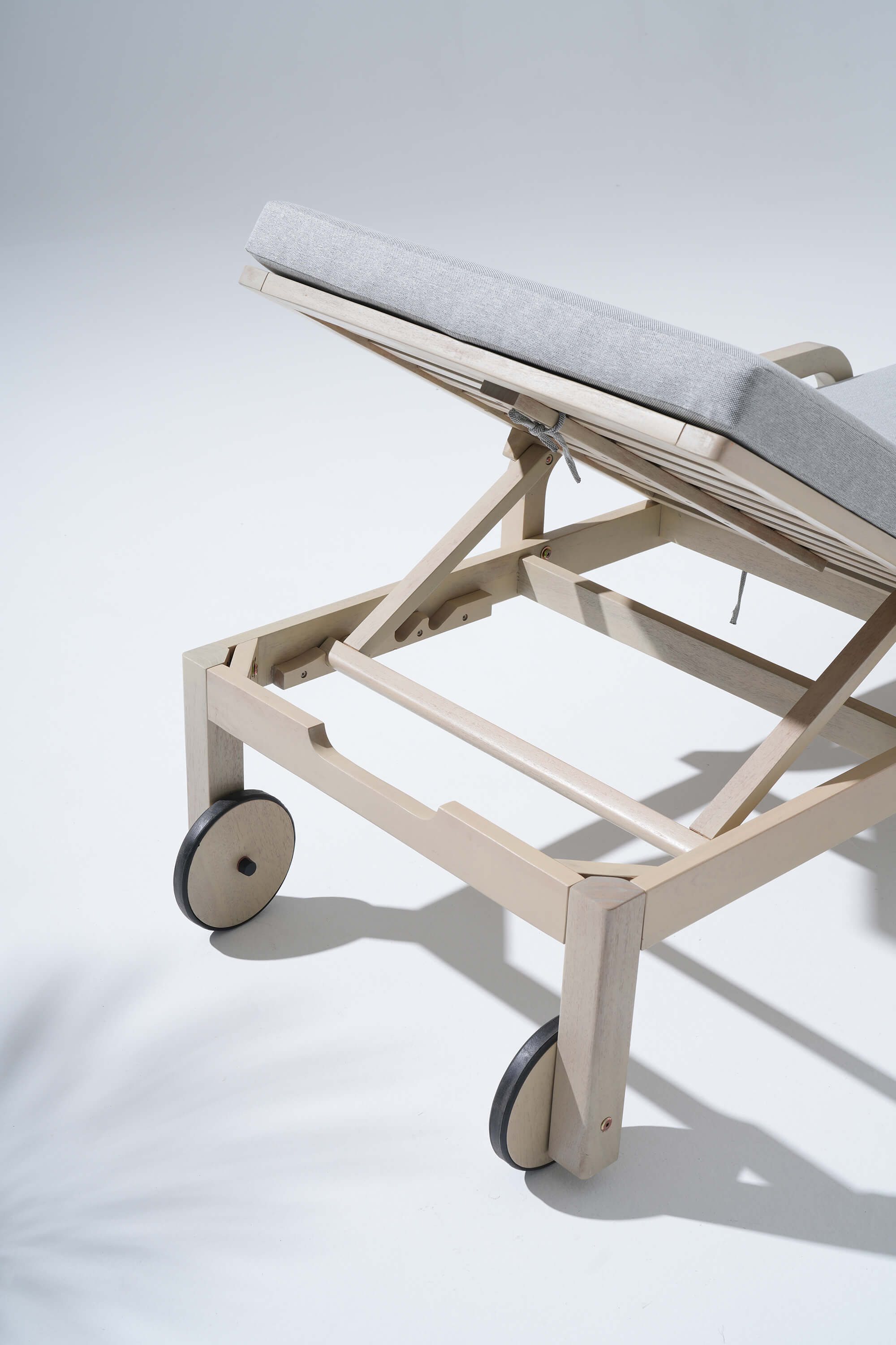 Thalea Wooden Outdoor Lounger with Wheels, Adjustable Backrest & Grey Cushion