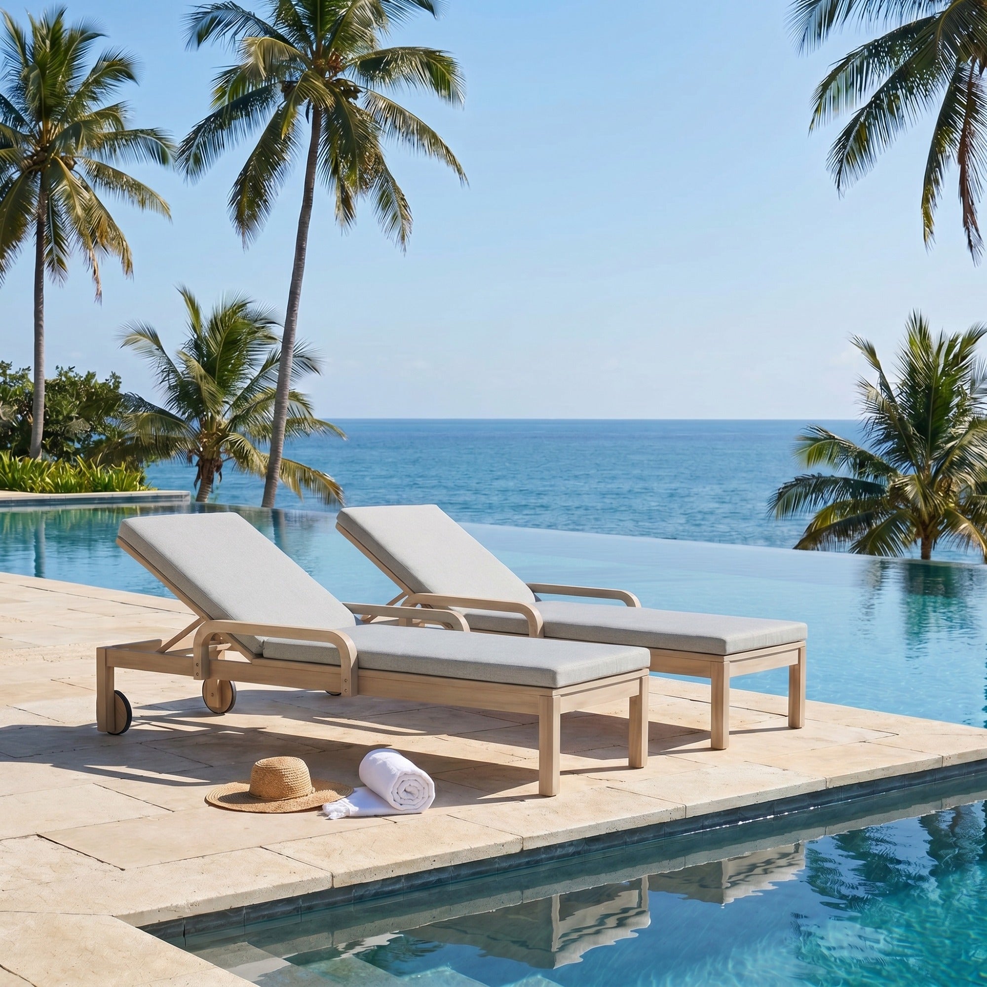 Thalea Wooden Outdoor Lounger with Wheels, Adjustable Backrest & Grey Cushion