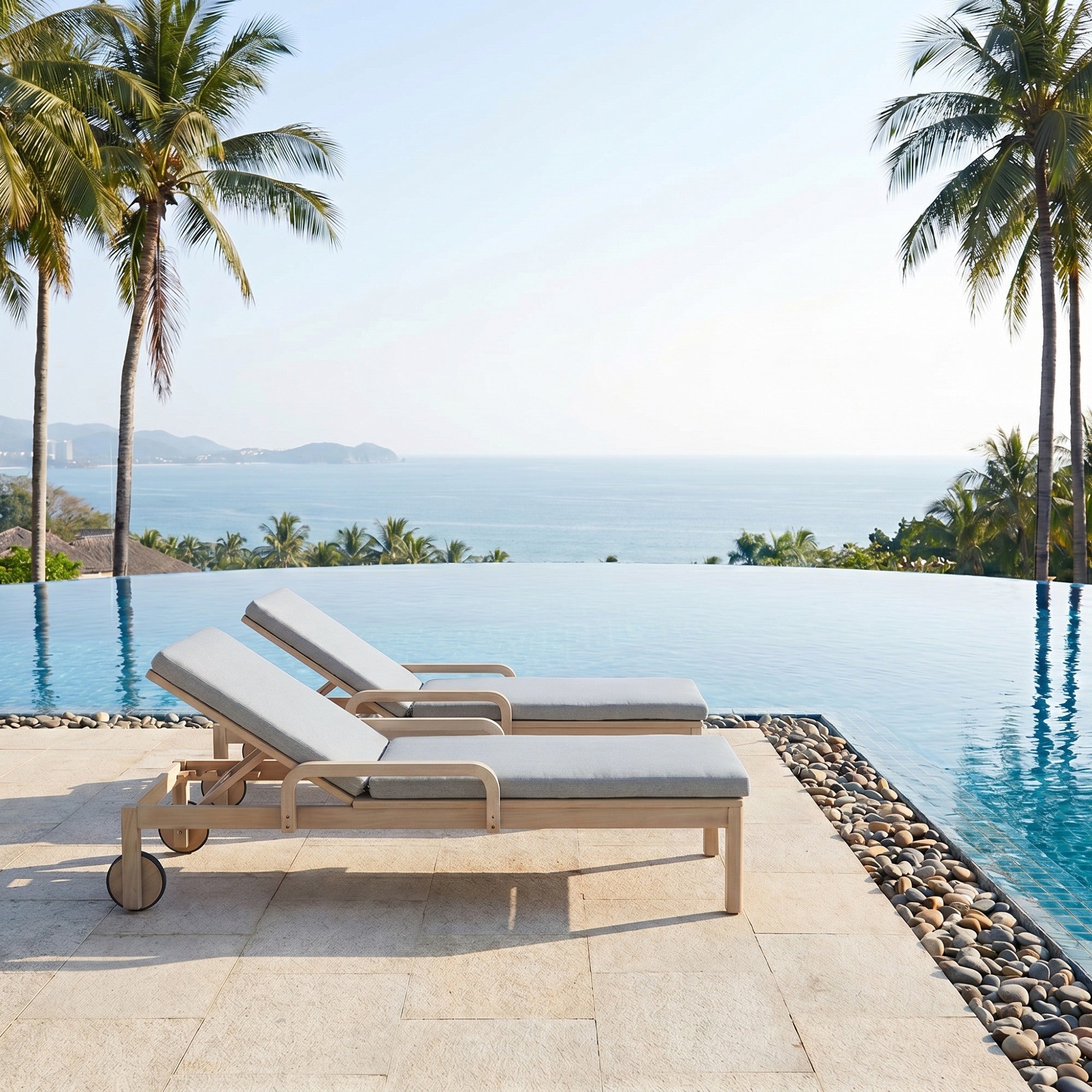 Thalea Wooden Outdoor Lounger with Wheels, Adjustable Backrest & Grey Cushion