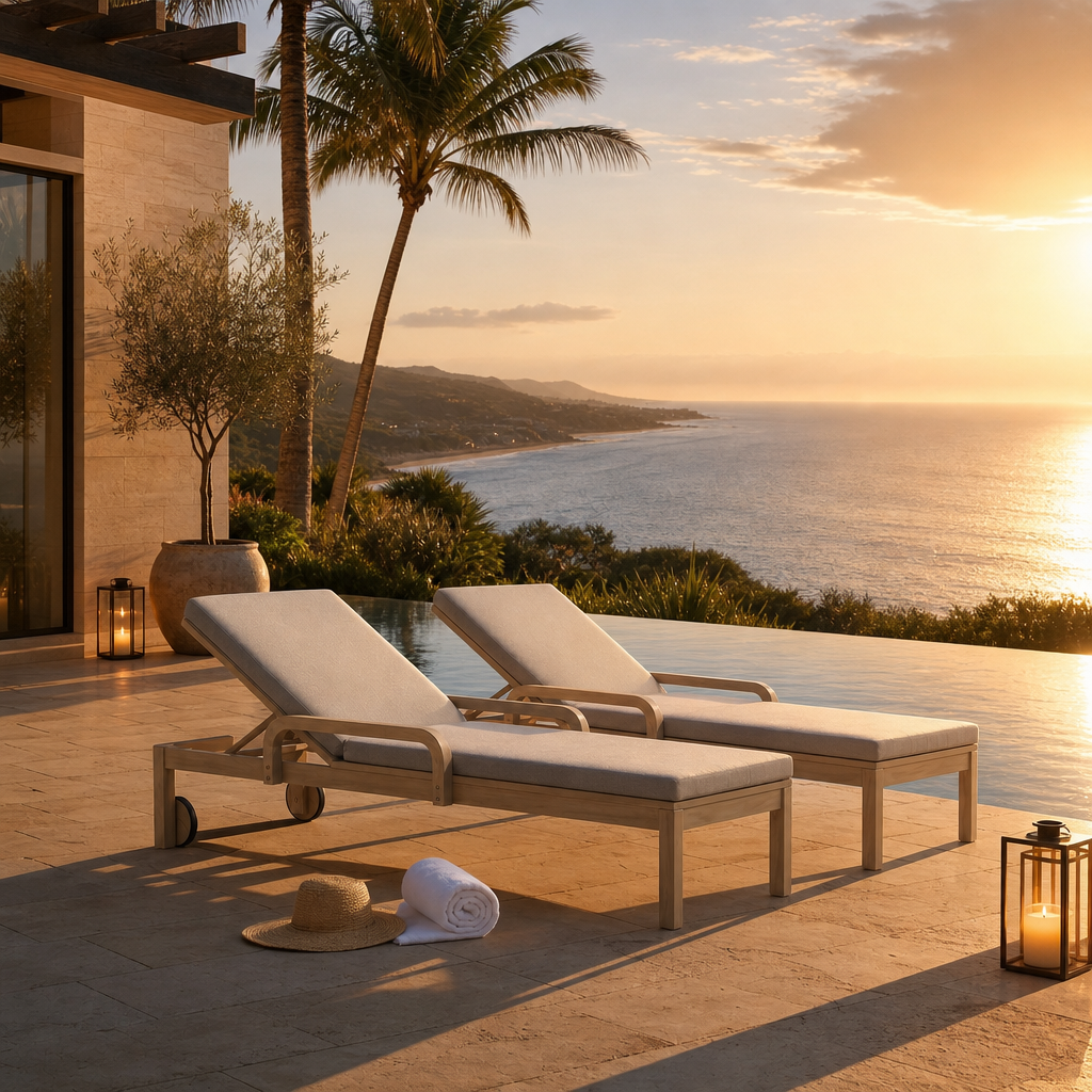 Thalea Wooden Outdoor Lounger with Wheels, Adjustable Backrest & Grey Cushion