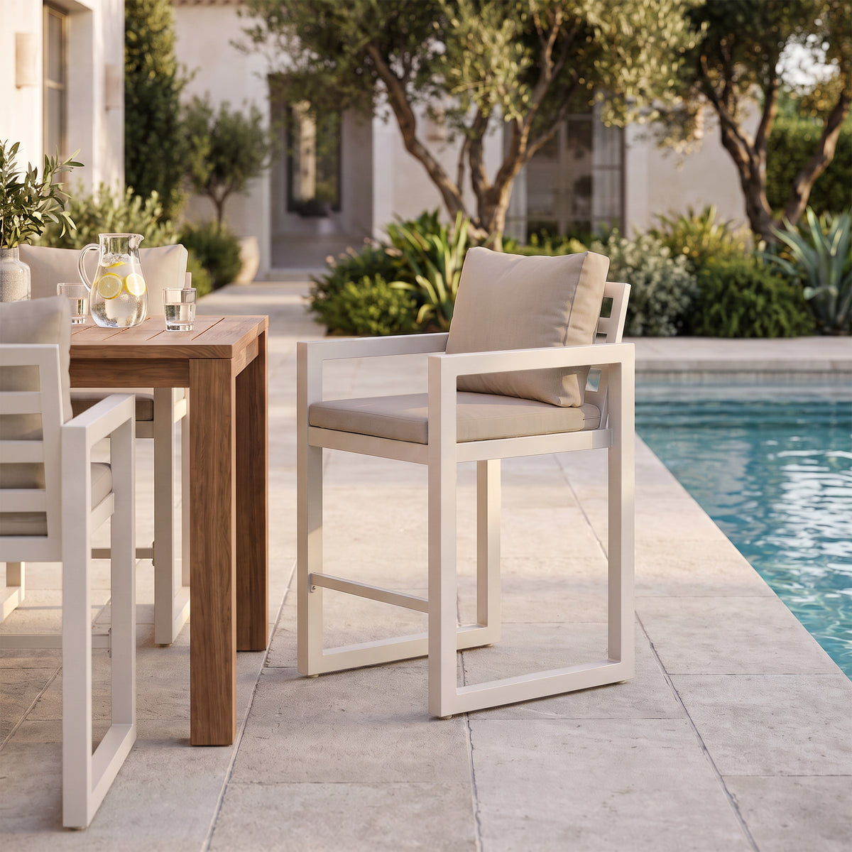 Vela Counter-Height Stool, Oyster White Aluminum Frame & Light Beige Cushions, Set of 2/4/6, 39.6"