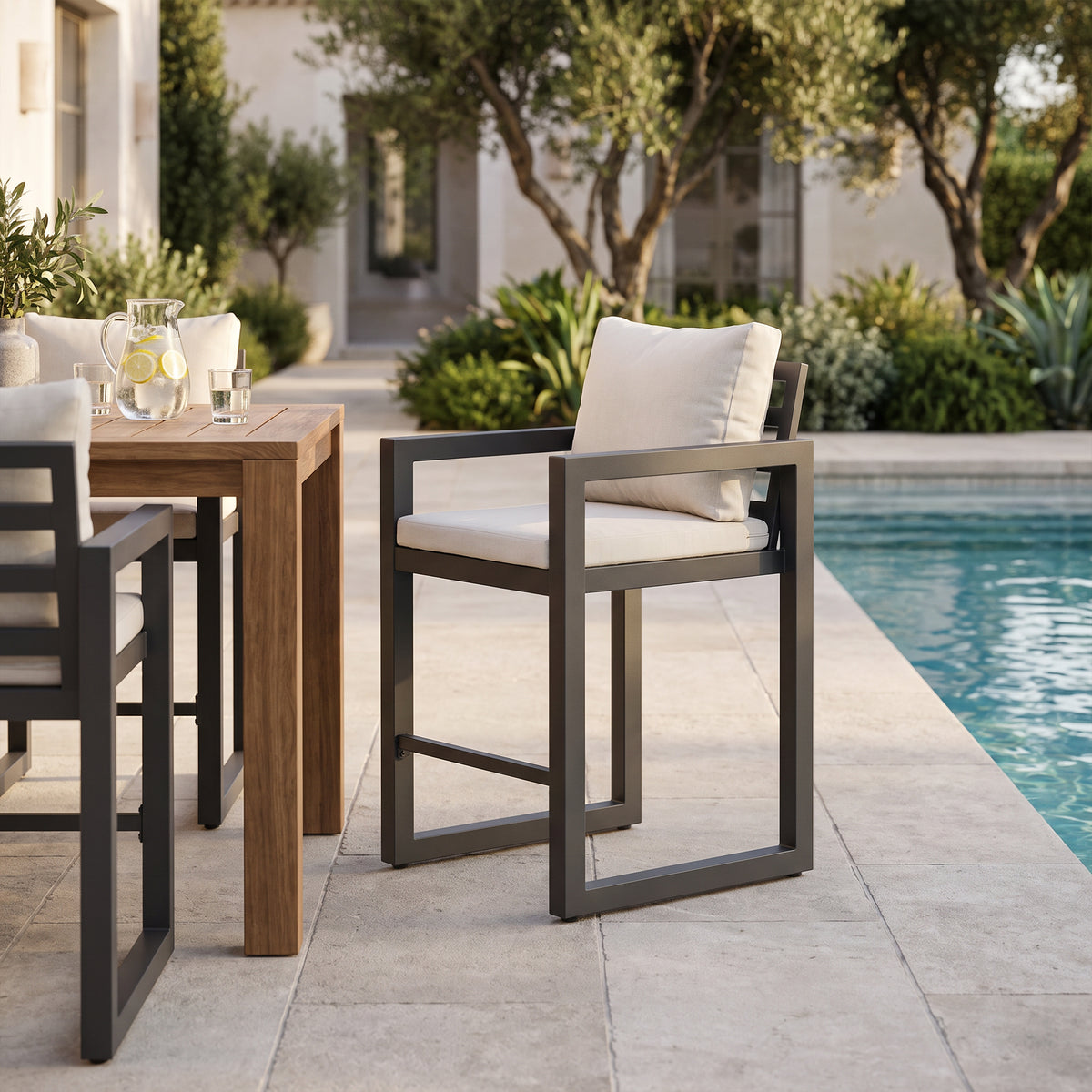 Vela Counter-Height Stool, Charcoal Aluminum Frame & Olefin Cushions, Set of 2/4/6, 39.6"