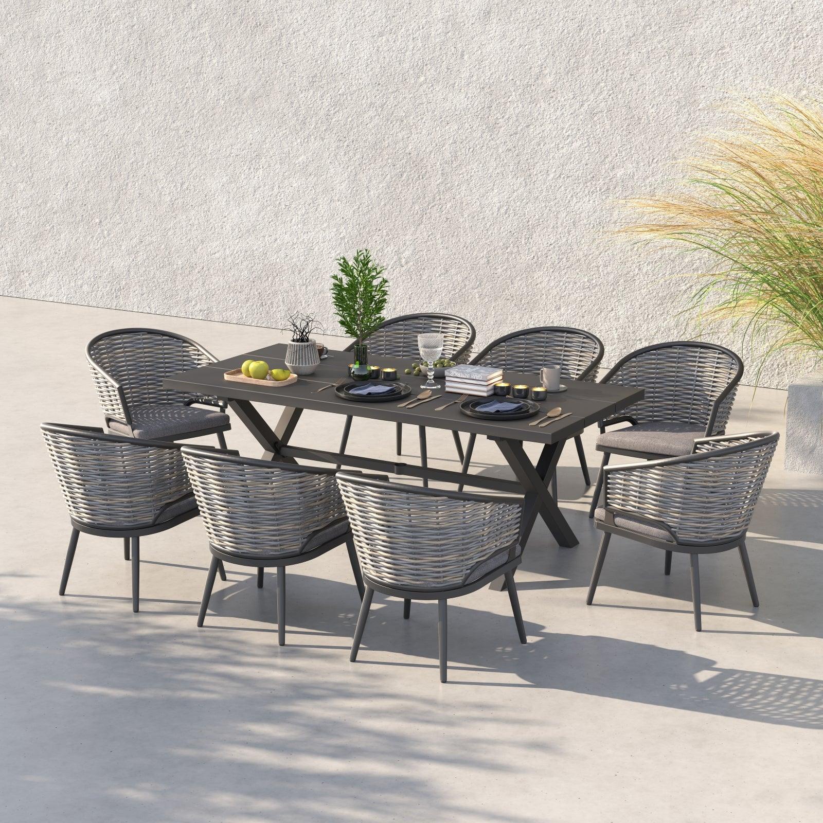 Burano Modern HDPE Wicker Outdoor Furniture, Grey wicker outdoor Dining Set with aluminum frame, 8 chairs with grey cushions, 1 aluminum X-Shaped rectangle dining Table, outdoors - Jardina Furniture #Pieces_9-pc.