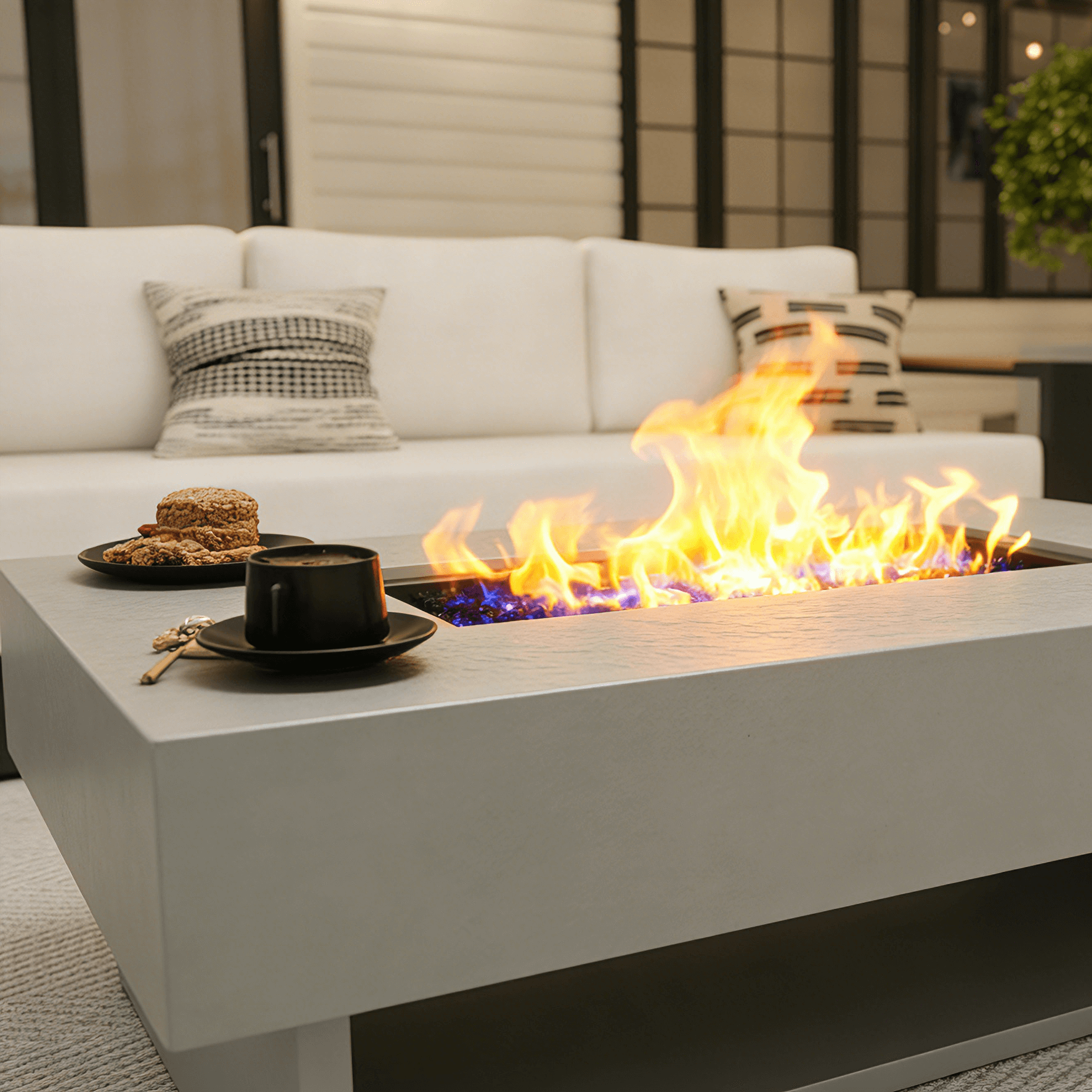 Addison Modern Metal Outdoor Sofa Set, Dark Grey Aluminum Frame, Grey Fire Pit