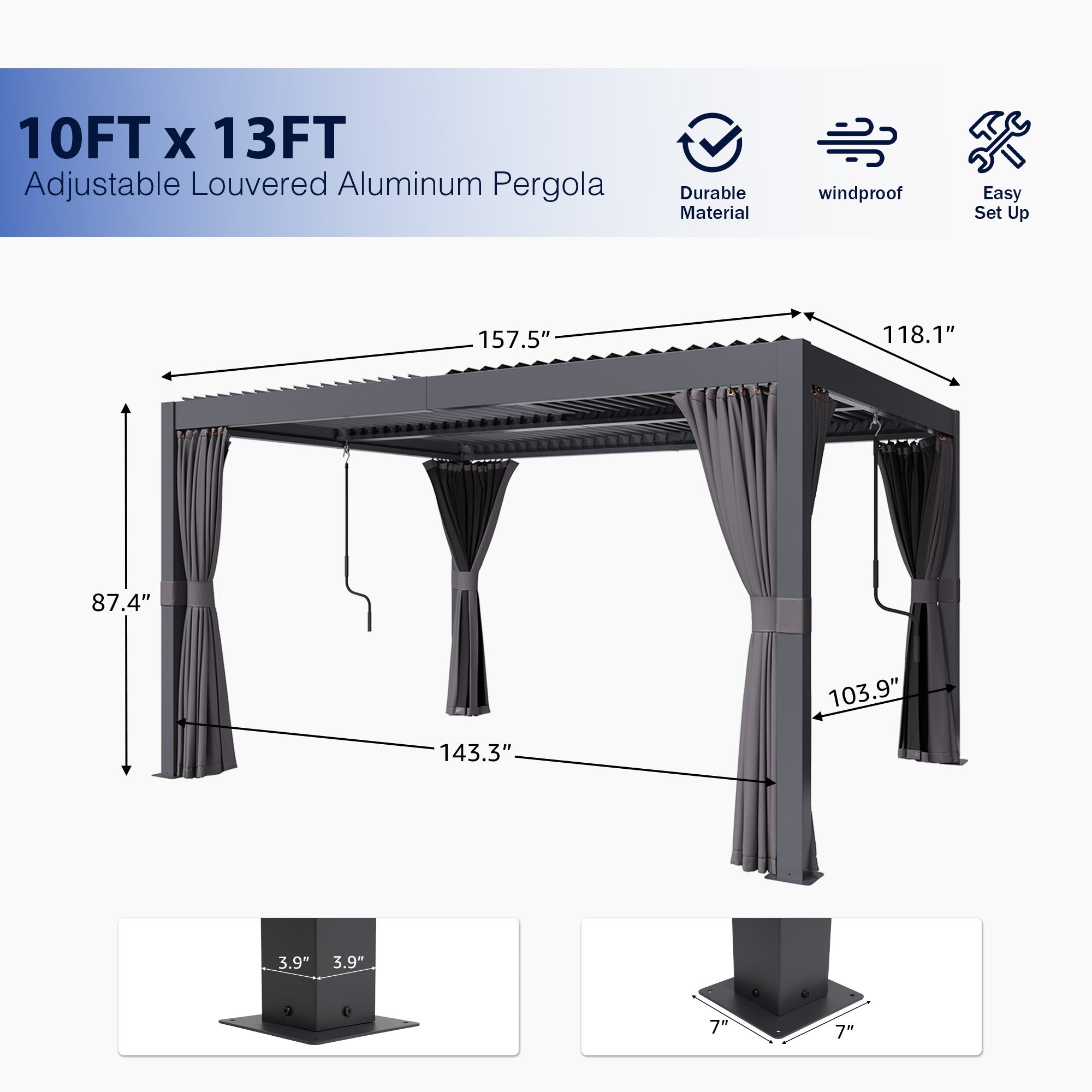 Outdoor Louvered Pergola, Adjustable Roof & Hidden Drainage – 10x13 ft & 10x20 ft, Dark Grey