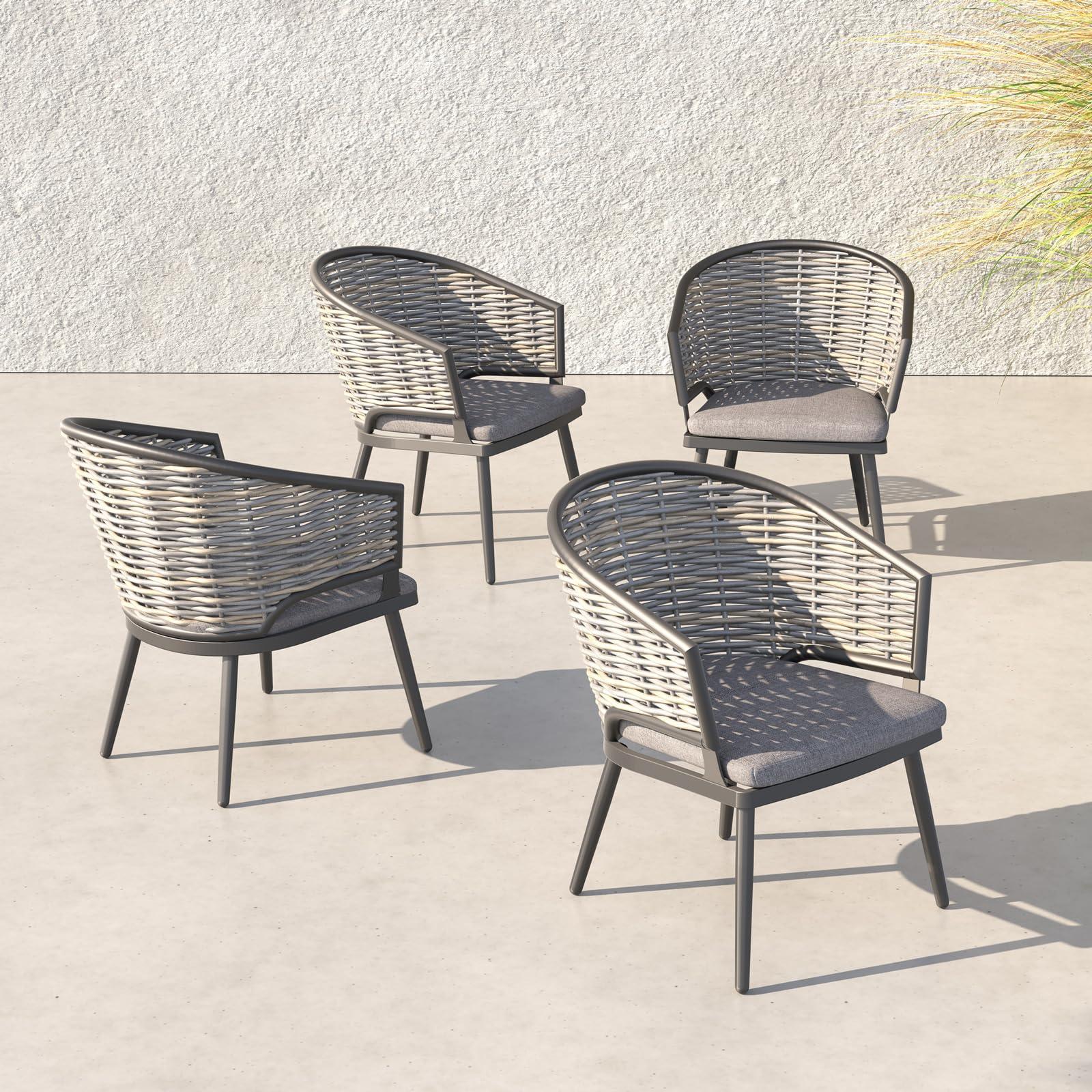 Burano Modern HDPE Wicker Outdoor Furniture, Grey wicker outdoor Dining chairs, aluminum frame, grey cushions, 4 chairs, in the sunshine - Jardina Furniture #Pieces_4-pc.