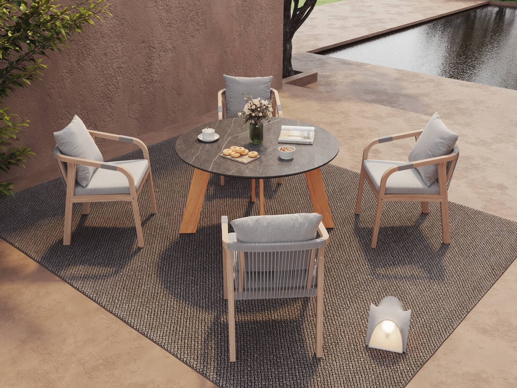 Plena Round Outdoor Dining Set with Thalea Wood Dining chairs,4 Seats, Φ48.4''