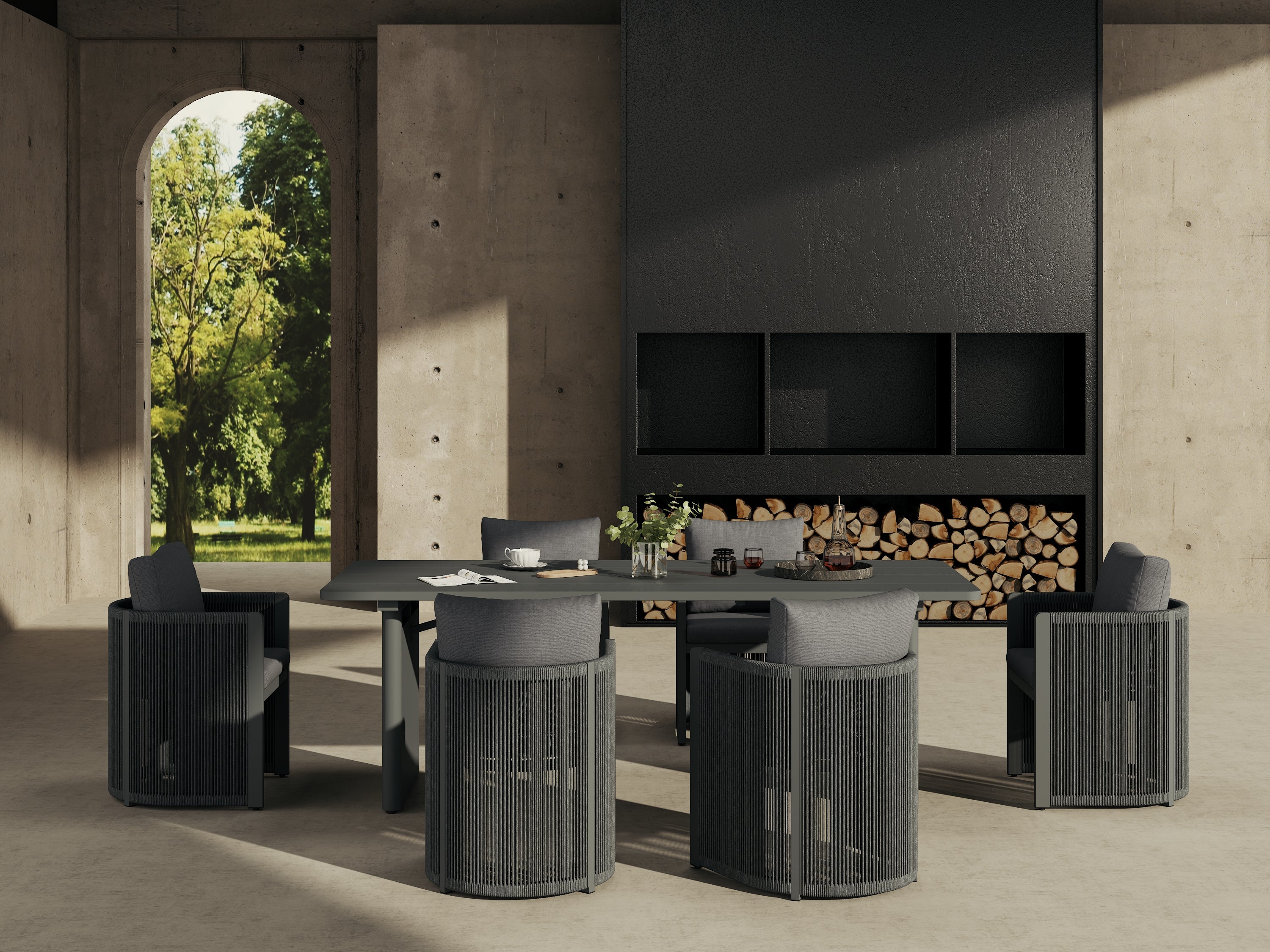 Irati Aluminum Outdoor Dining Set for 6-8 Seats, Dark Grey, Rope Design, 86.6" Table