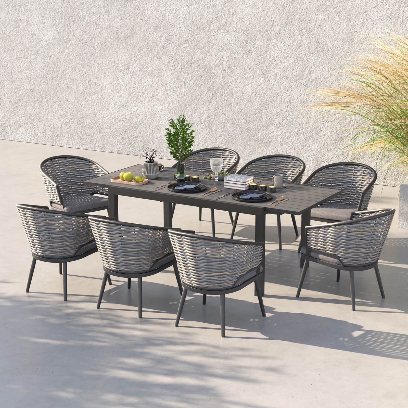 Burano Grey wicker outdoor Dining Set with aluminum frame, 8 chairs with grey cushions, 1 aluminum extendable rectangle dining Table, in the yard- Jardina Furniture#Piece_9-pc.