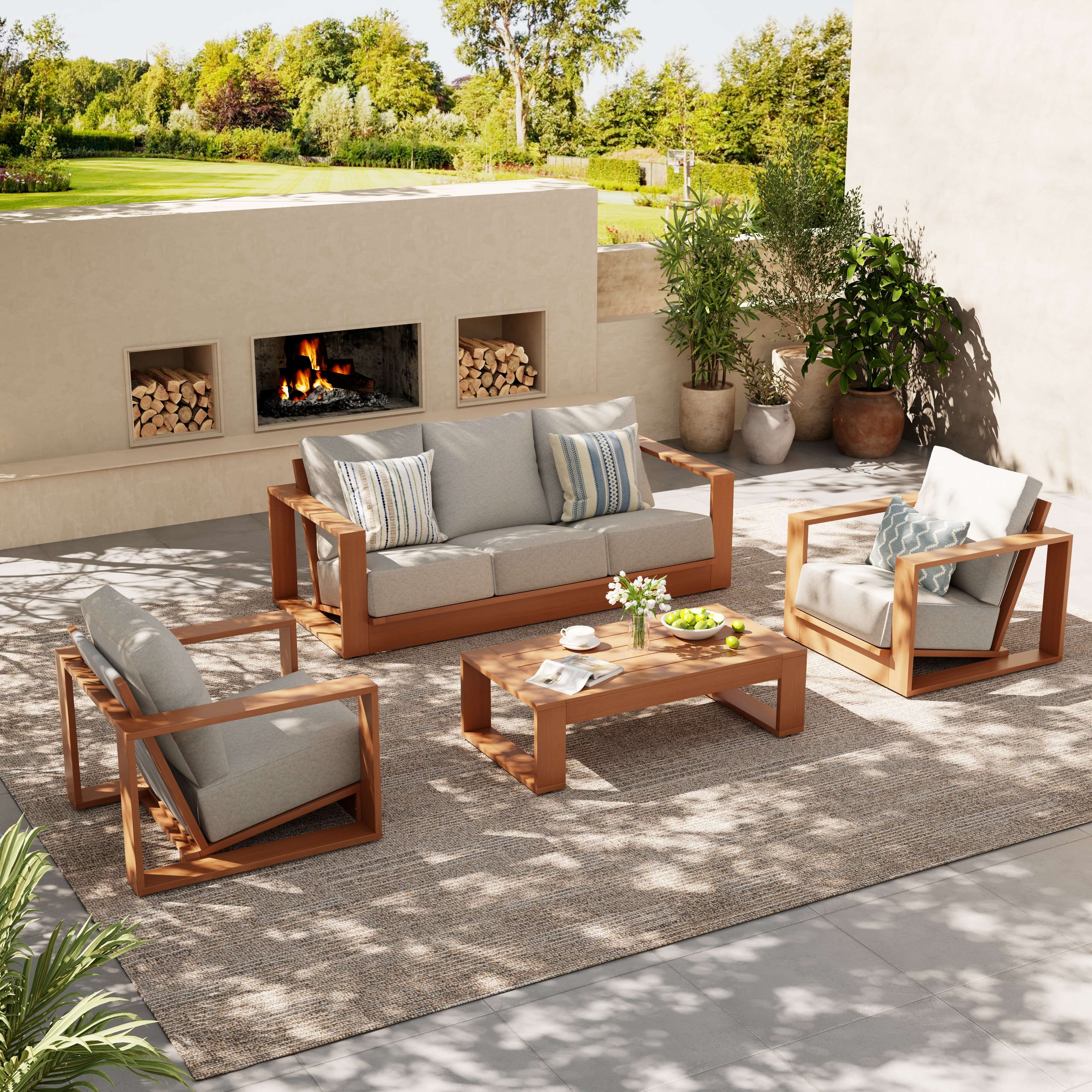 Drift 5 Seats Eucalyptus Wooden Outdoor Sofa Set with, Angled seat, Rope Backrest