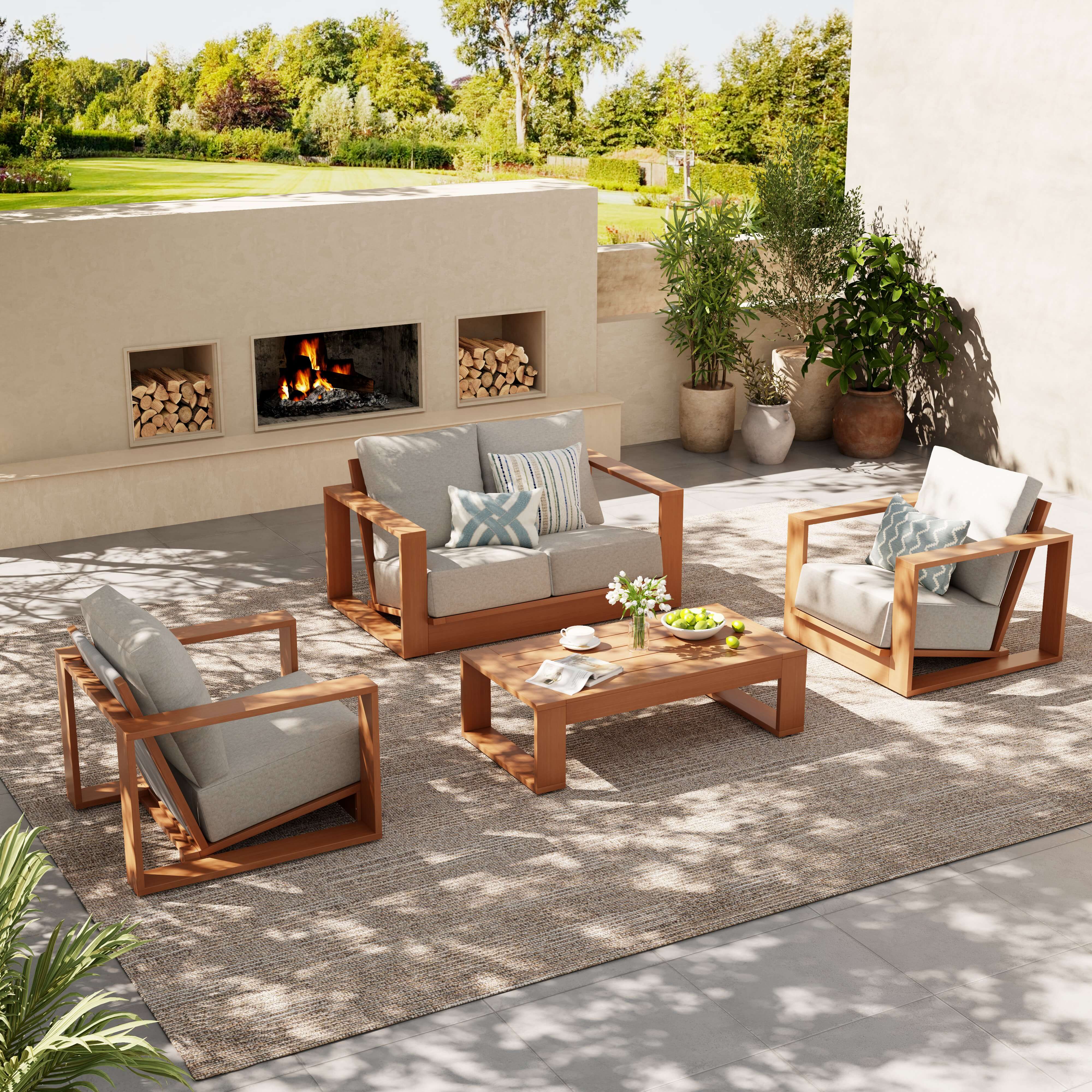 Drift 4-Piece Eucalyptus Wooden Outdoor Furniture Set with Linen-tone Cushions, Angled seat, Rope Backrest