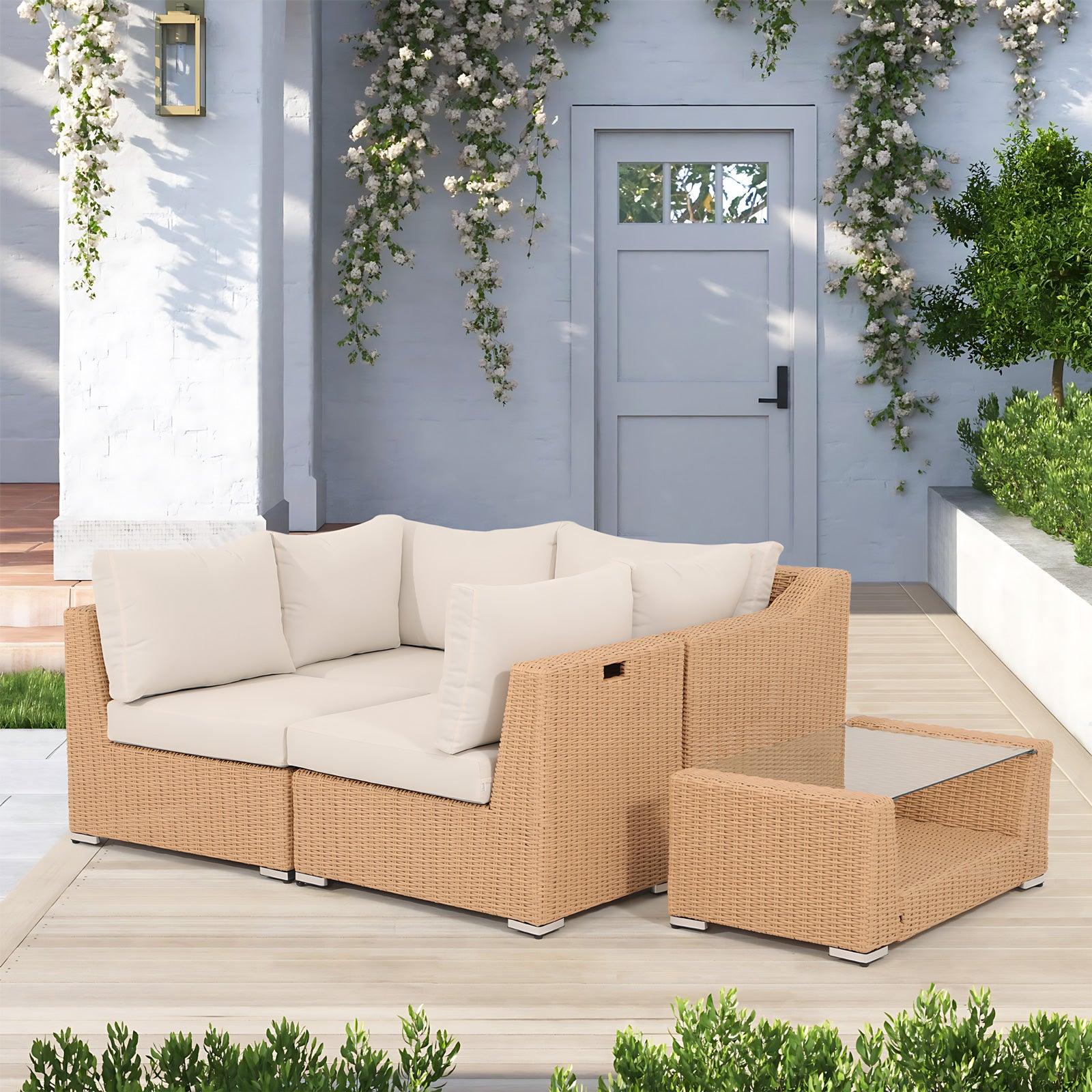 Elba Natural Rattan Outdoor Sectional with Coffee Table