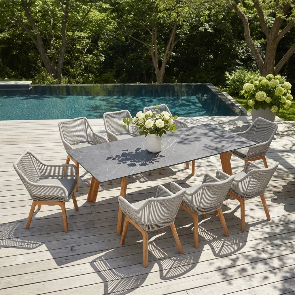 Plena Outdoor Dining Set For 6/8 People, Teak & Sintered Stone, 90.6''